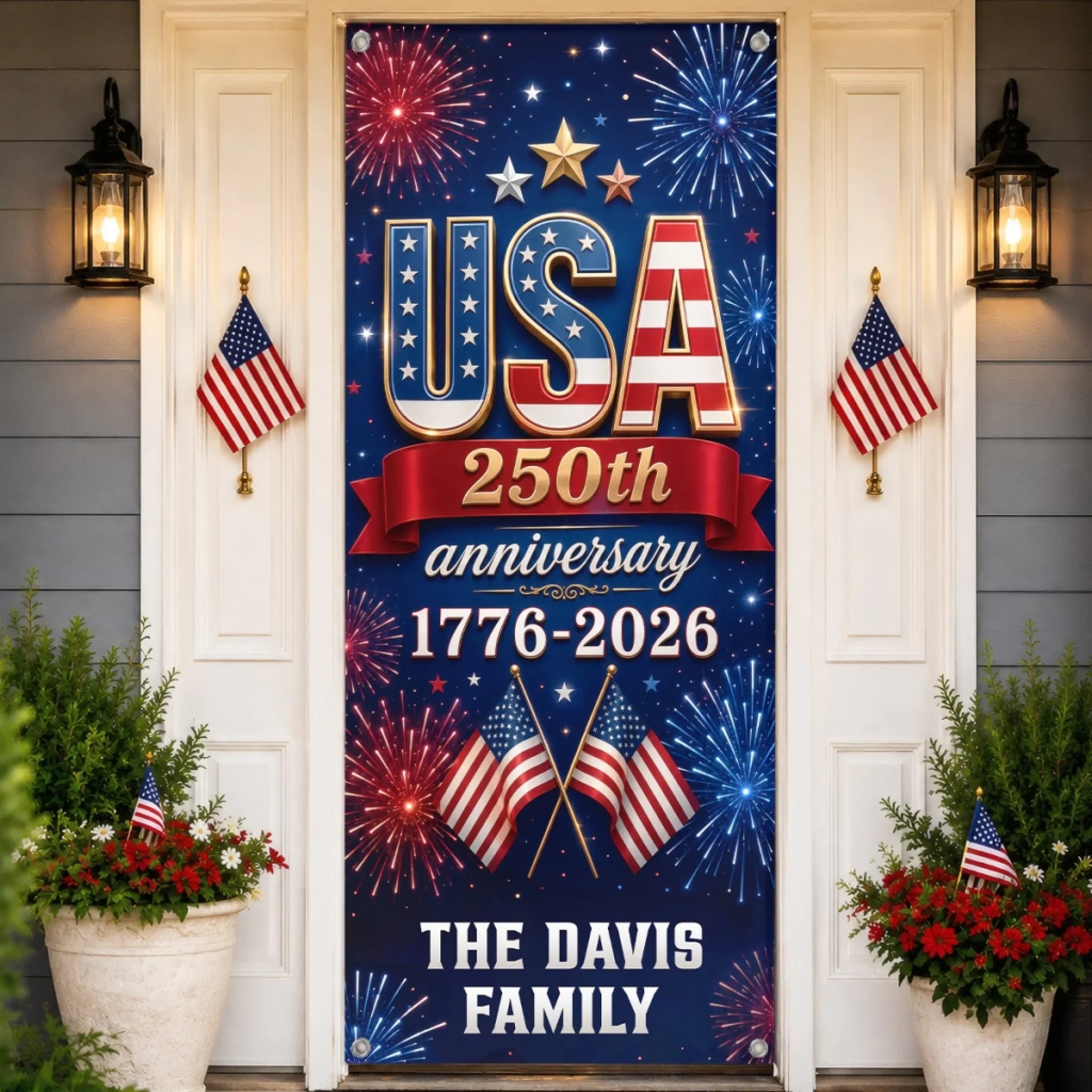 Custom Door Cover - Personalized America 250th Anniversary Gifts For Mom, Dad, Brother, Sister, Kids - Stars Stripes Proud Hearts