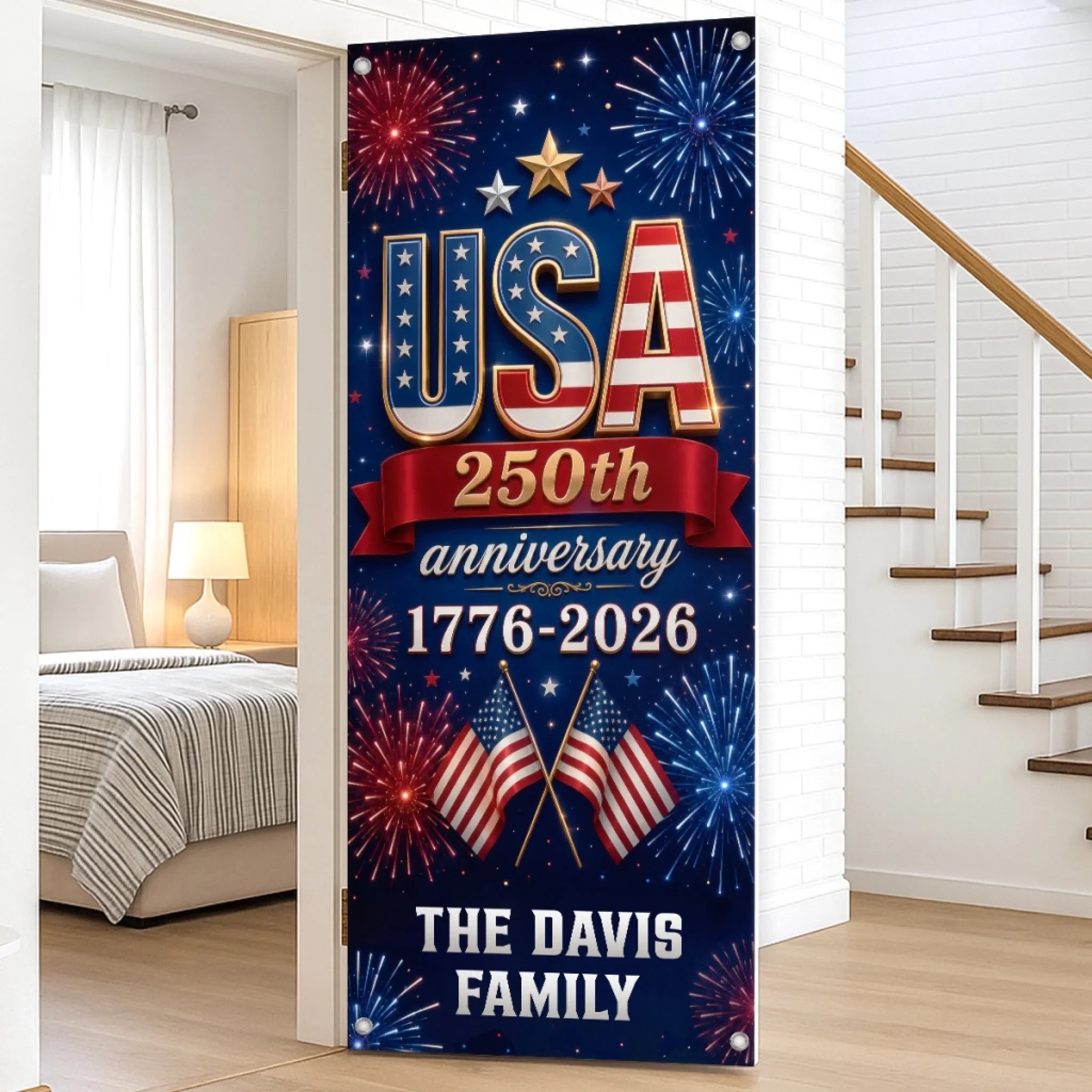 Custom Door Cover - Personalized America 250th Anniversary Gifts For Mom, Dad, Brother, Sister, Kids - Stars Stripes Proud Hearts