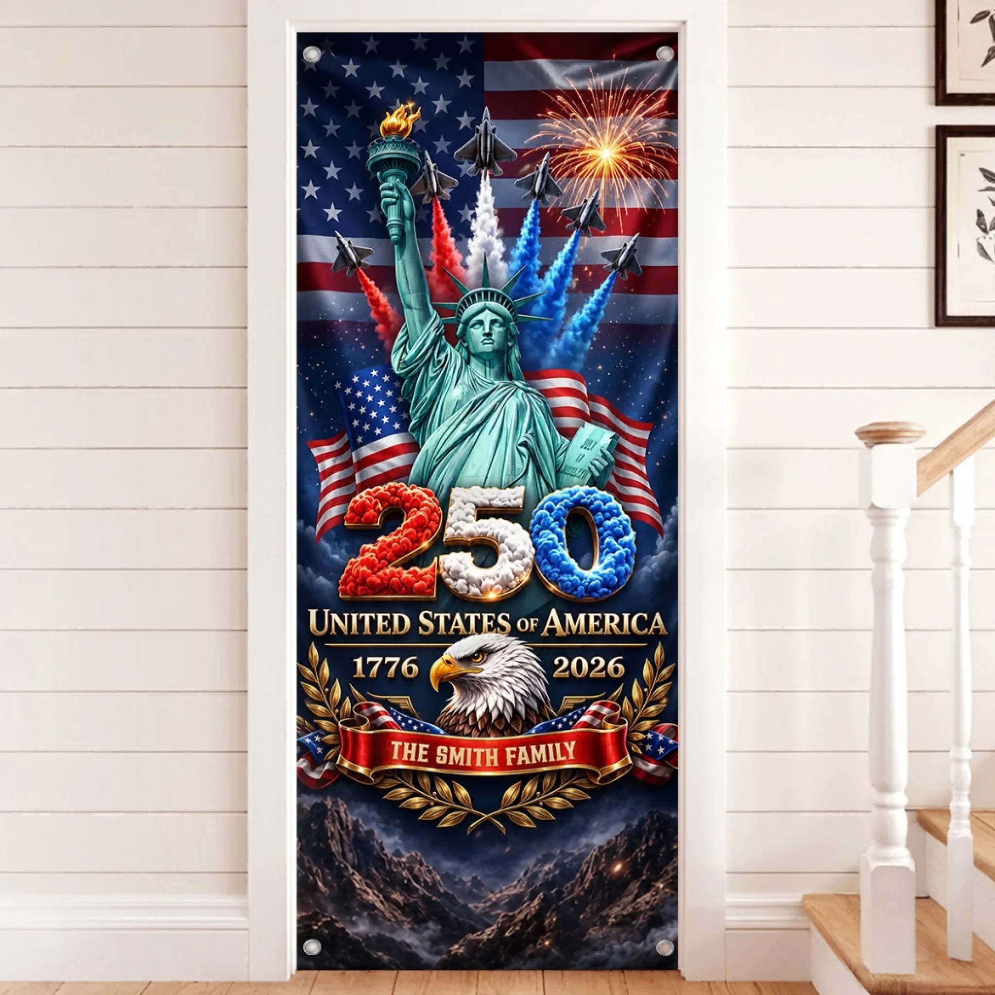 Custom Door Cover - Personalized America 250th Anniversary Gifts For Mom, Dad, Brother, Sister, Kids - Land Of Liberty Family
