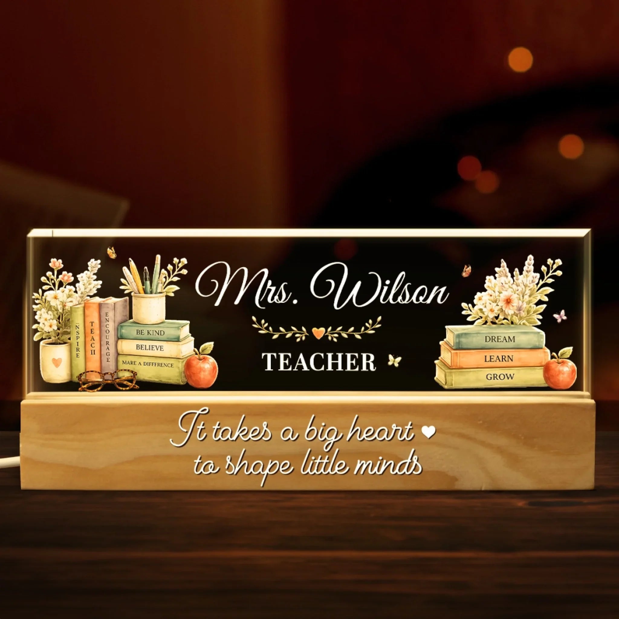 Custom Acrylic LED Night Light - Personalized Birthday Gifts For Teachers - Big Hearts Shape Minds