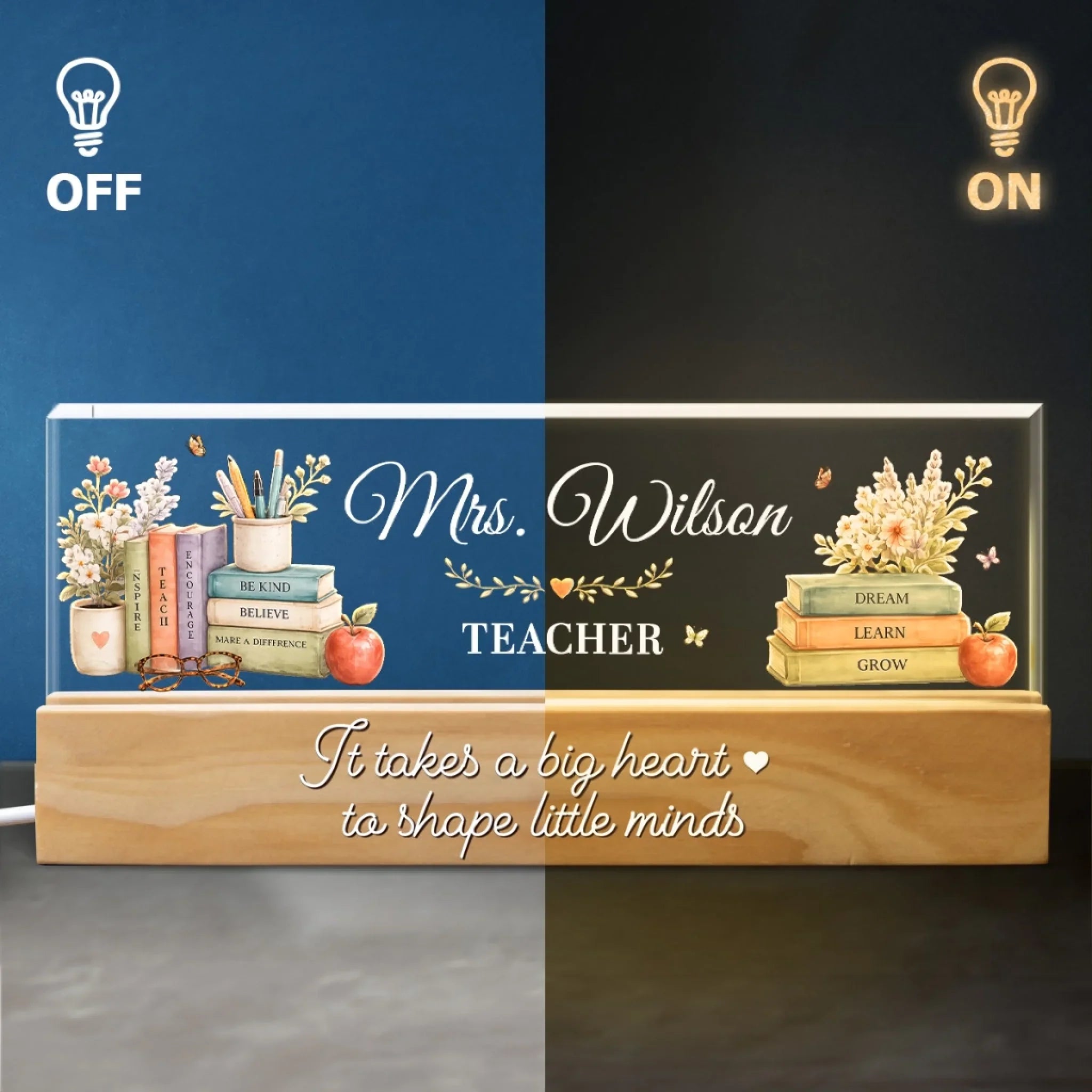 Custom Acrylic LED Night Light - Personalized Birthday Gifts For Teachers - Big Hearts Shape Minds