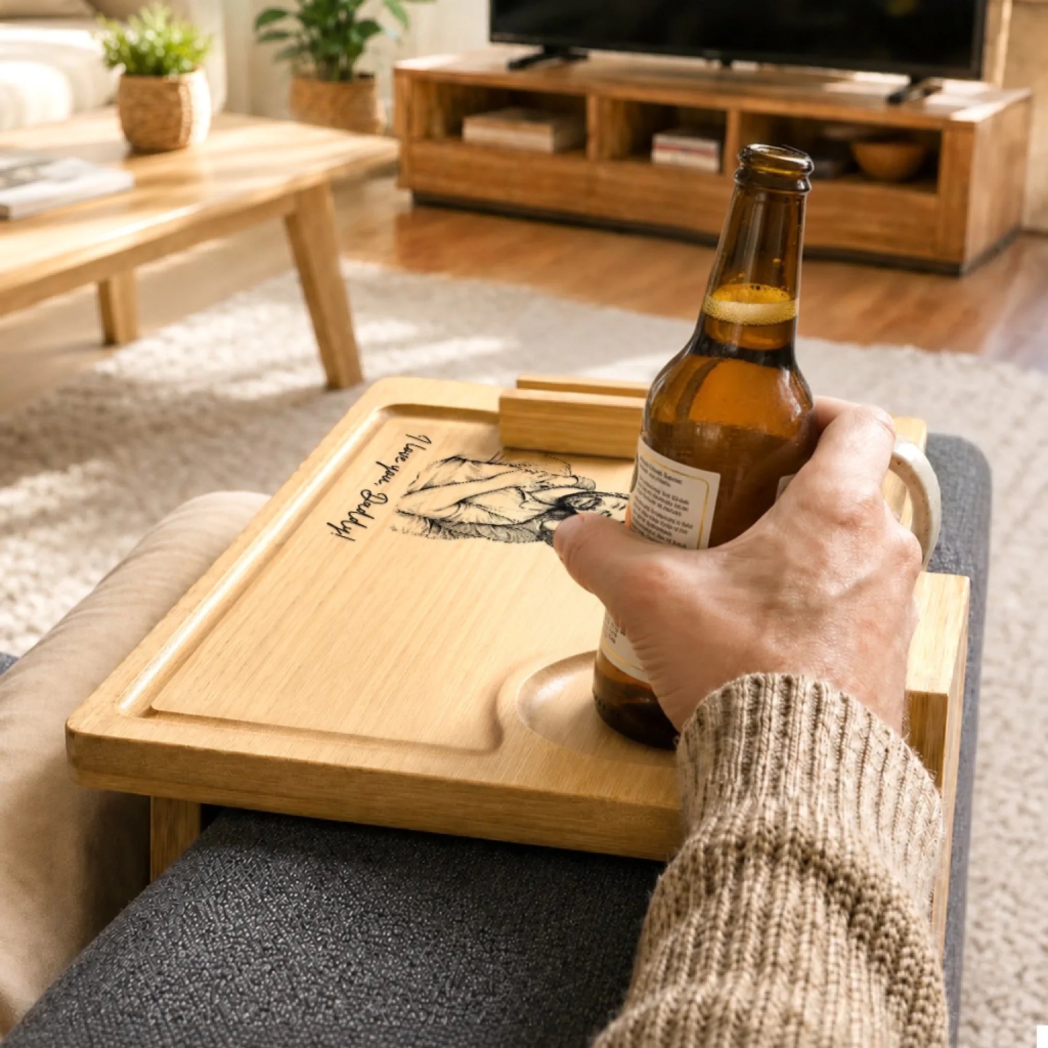 Custom Photo Wooden Couch Arm Table - Personalized Father's Day Birthday Gifts For Dad, Grandpa - Dad Makes Every Moment Special