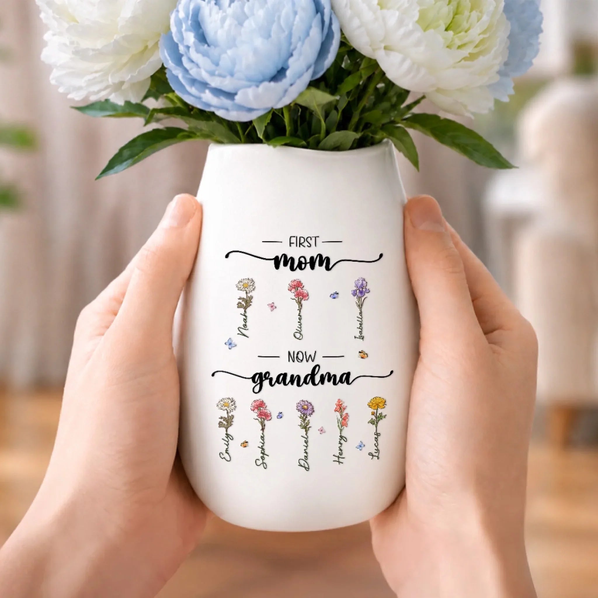 Custom Oval Ceramic Flower Vase - Personalized Birthday Gifts For Mom, Grandma - Blessed With Generations Of Love