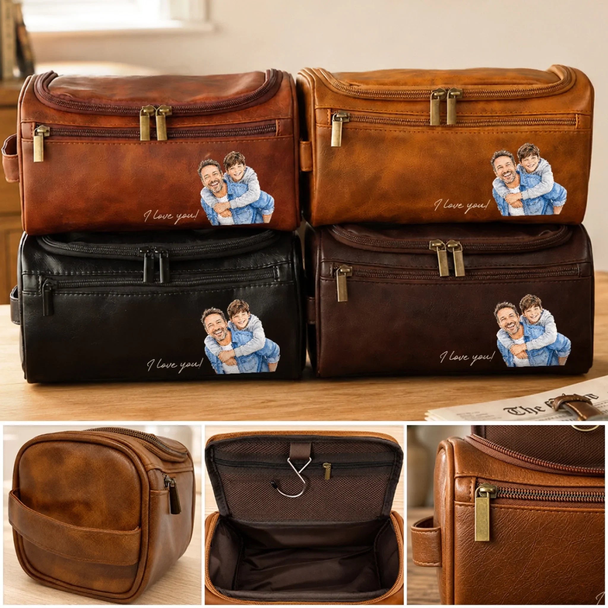 Custom Photo Leather Toiletry Bag - Personalized Father's Day Birthday Gifts For Dad, Grandpa - Forever Proud To Call You Dad