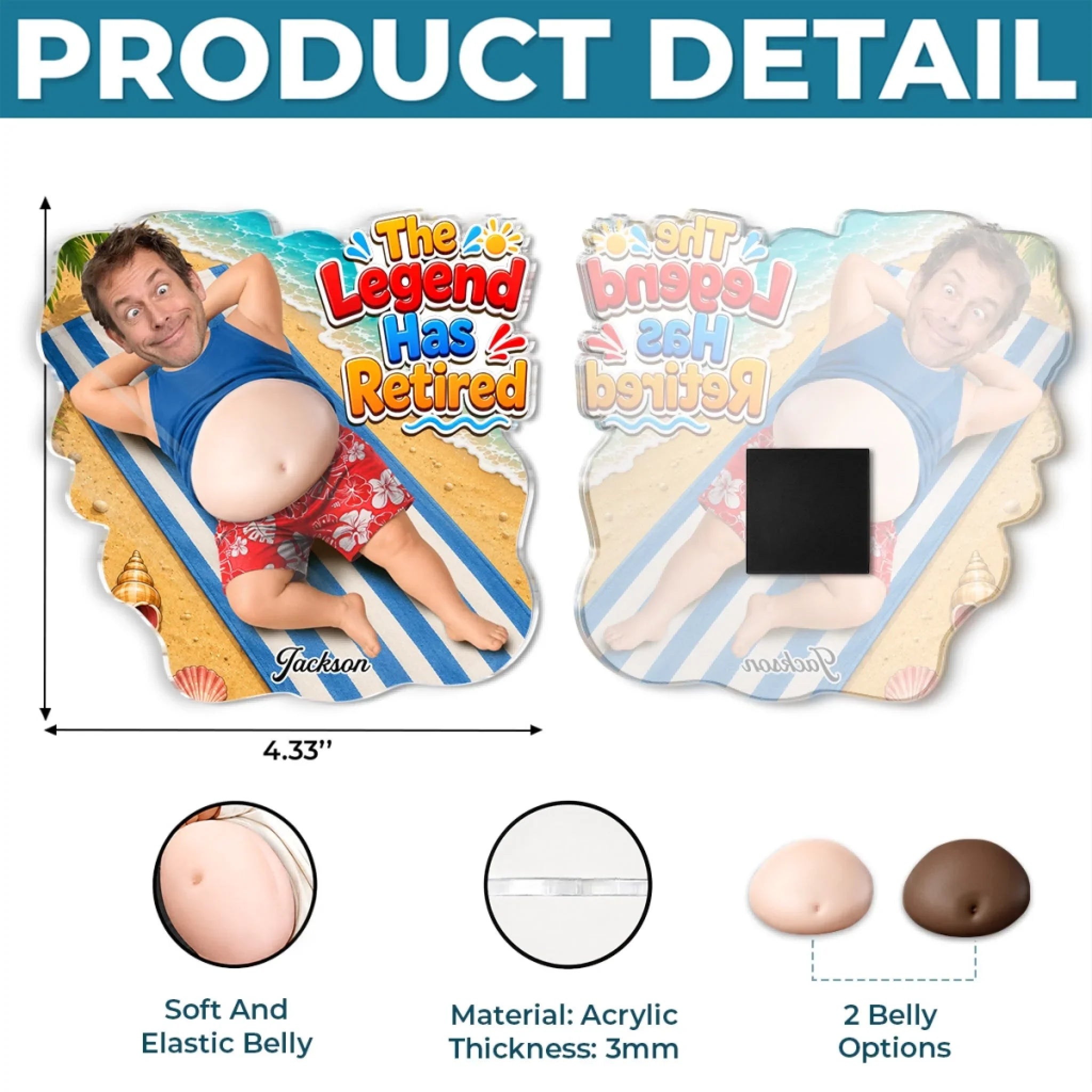 Custom Photo Dad Bod Belly Squishy Acrylic Fridge Magnet – Personalized Father's Day Funny Gifts For Dad, Grandpa – The Legend Has Retired