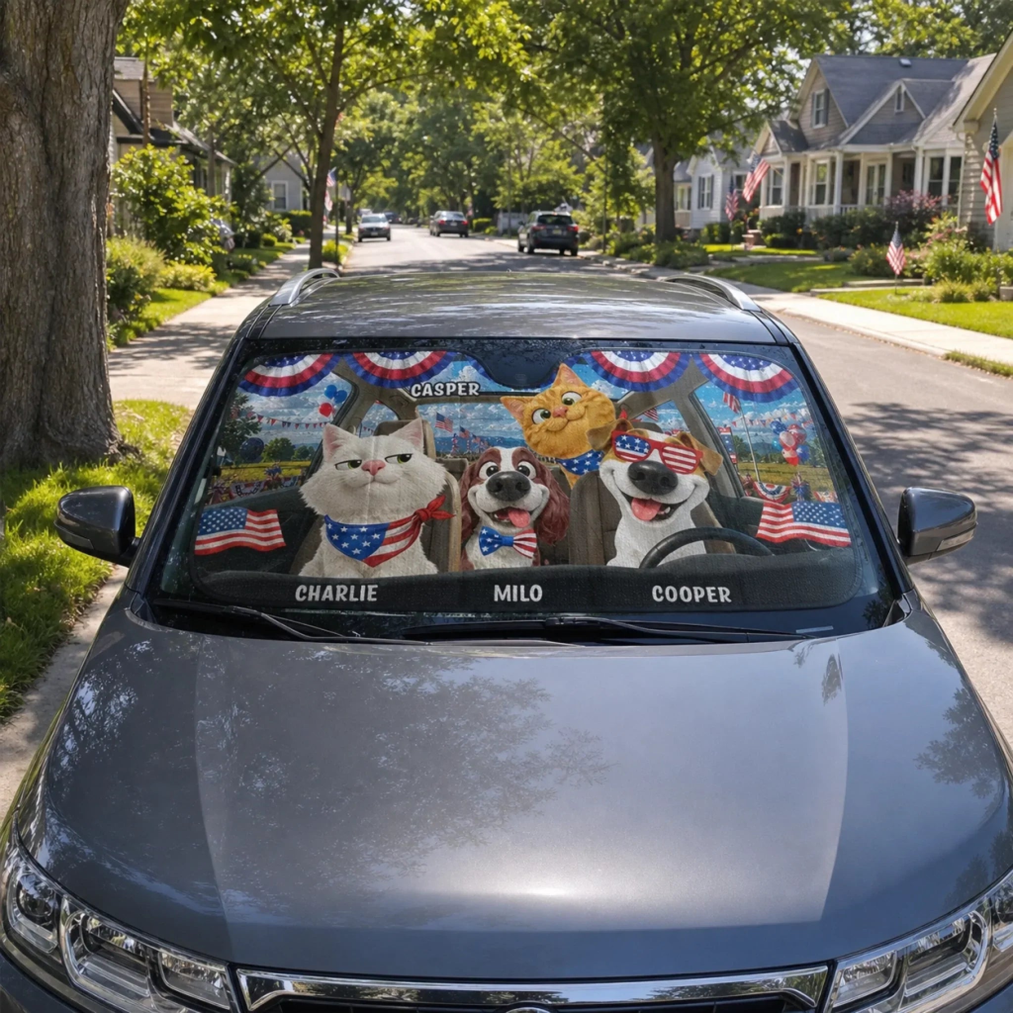 Custom Auto Windshield Sunshade, Car Window Protector - Personalized 4th Of July Gifts For Dog Cat Lovers, Dog Dad And Mom, Cat Owners - Stars, Stripes & Paw Prints