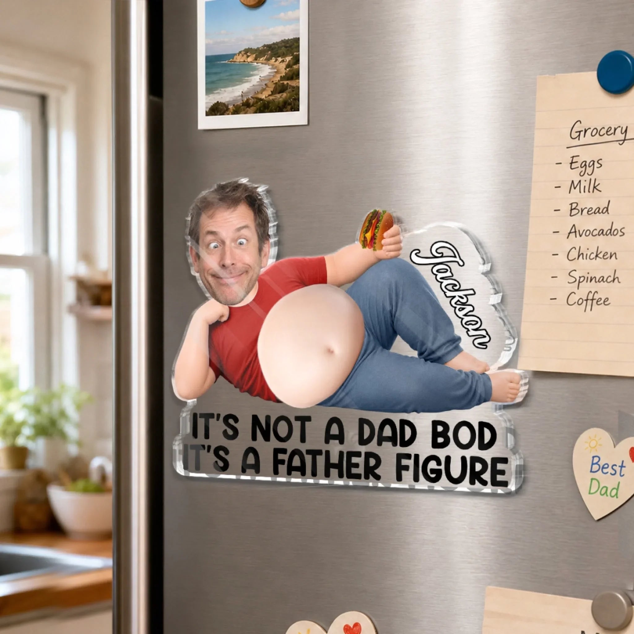 Custom Photo Dad Bod Belly Squishy Acrylic Fridge Magnet – Personalized Father's Day Funny Gifts For Dad, Grandpa – Built For Comfort Not Speed