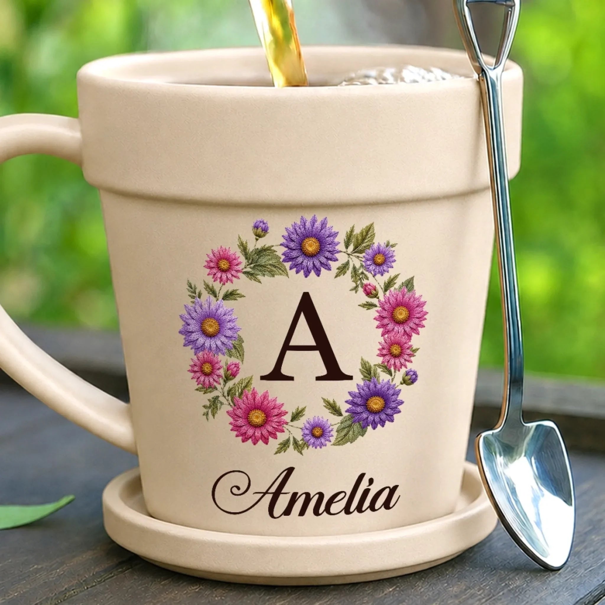 Custom Plant Pot Ceramic Mug - Personalized Birthday Garden Gifts For Gardeners - My Name, My Blooming Wreath
