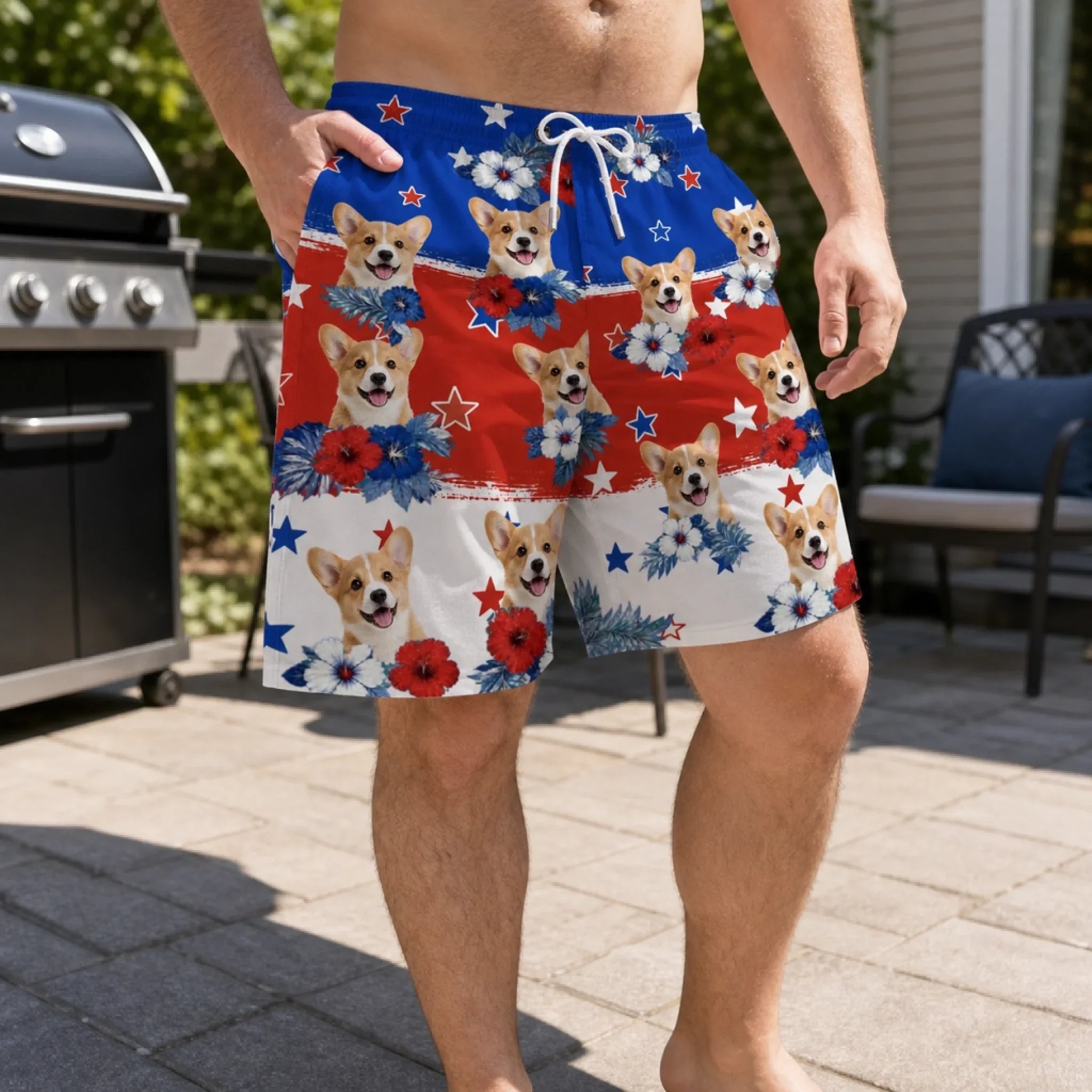 Custom Photo Tropical Hawaiian Aloha Men Beach Shorts - Personalized Summer Vacation And Travel Gifts For Dog Cat Lovers, Dog Dad And Mom, Cat Owners - Red, White & Woof