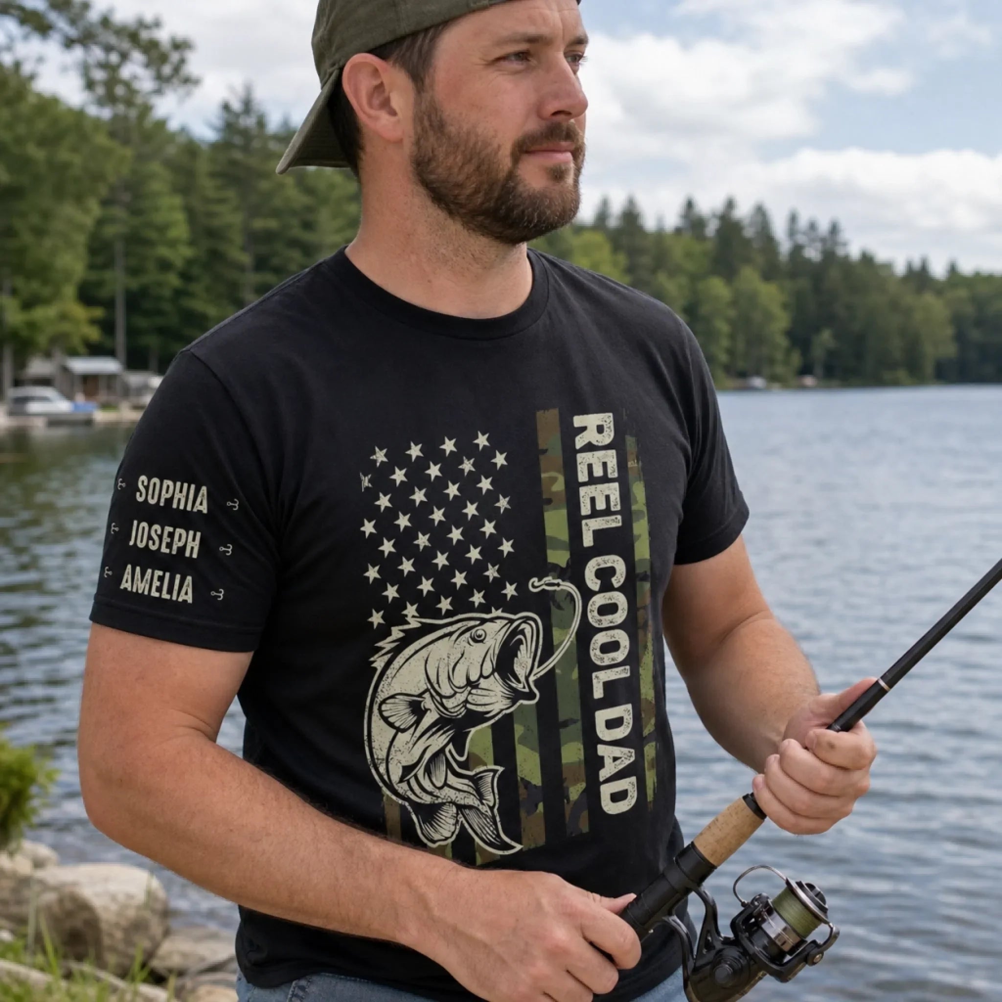 Custom Unisex T-Shirt With Design On Sleeve - Personalized Father's Day Fishing Gifts For Fisherman, Dad, Grandpa - Best Dad In The Reel World