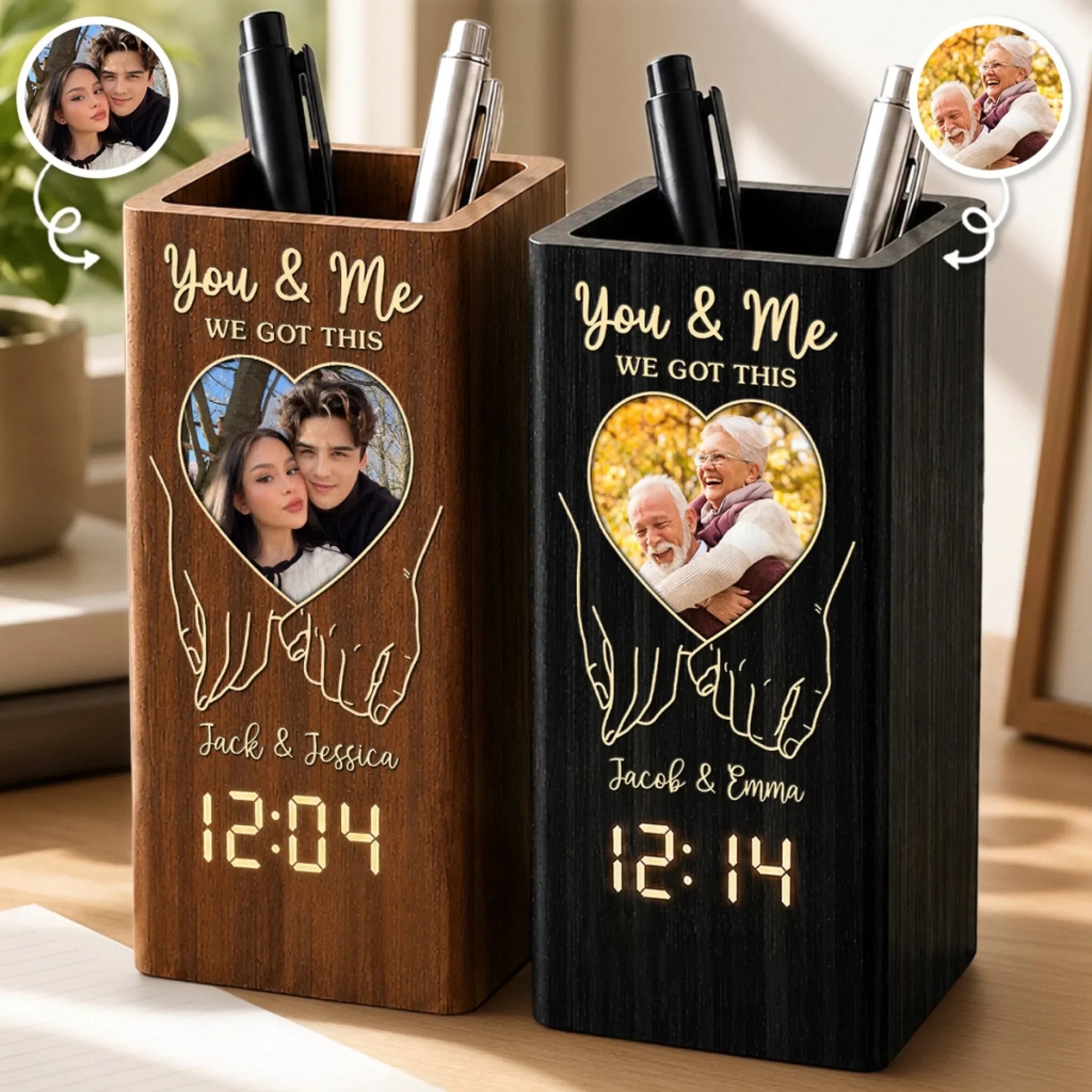 Custom Photo Pen Holder With Clock - Personalized Anniversary Wedding Gifts For Husband And Wife, Him And Her - We Got This, Together