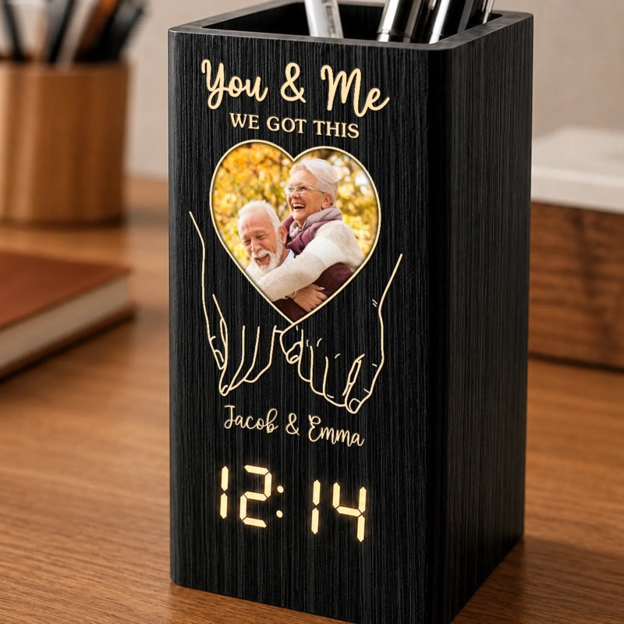 Custom Photo Pen Holder With Clock - Personalized Anniversary Wedding Gifts For Husband And Wife, Him And Her - We Got This, Together