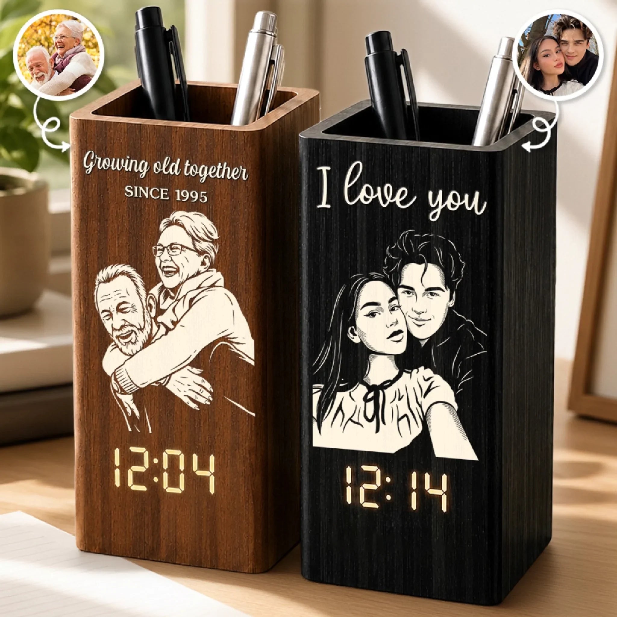Custom Photo Pen Holder With Clock - Personalized Anniversary Wedding Gifts For Husband And Wife, Him And Her - Captured Moments, Timeless Love