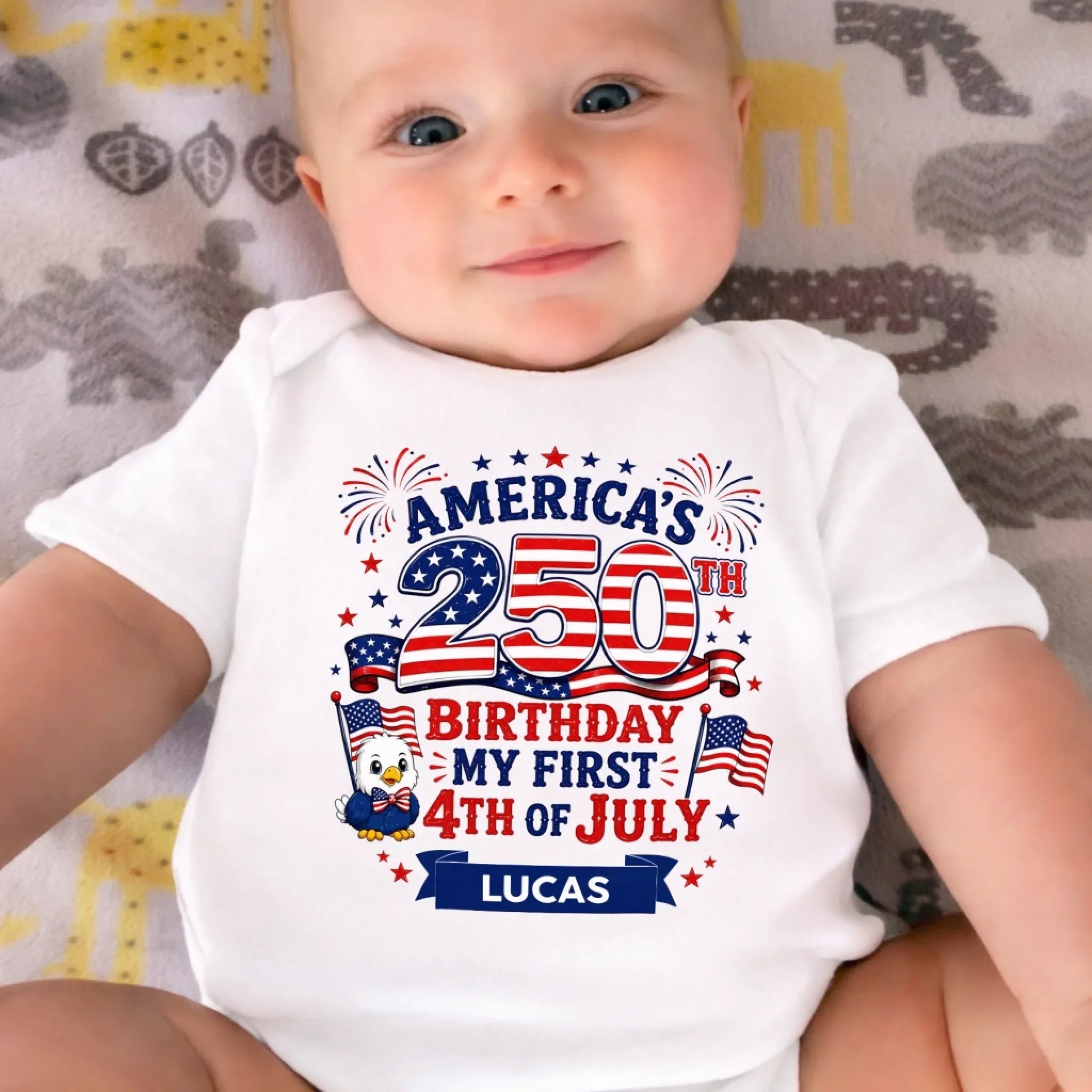 Custom Baby Onesie - Personalized Baby Shower, Gender Reveal, America 250th Anniversary Gifts For New Moms, New Dads, New Parents - Little Patriot Shines Bright