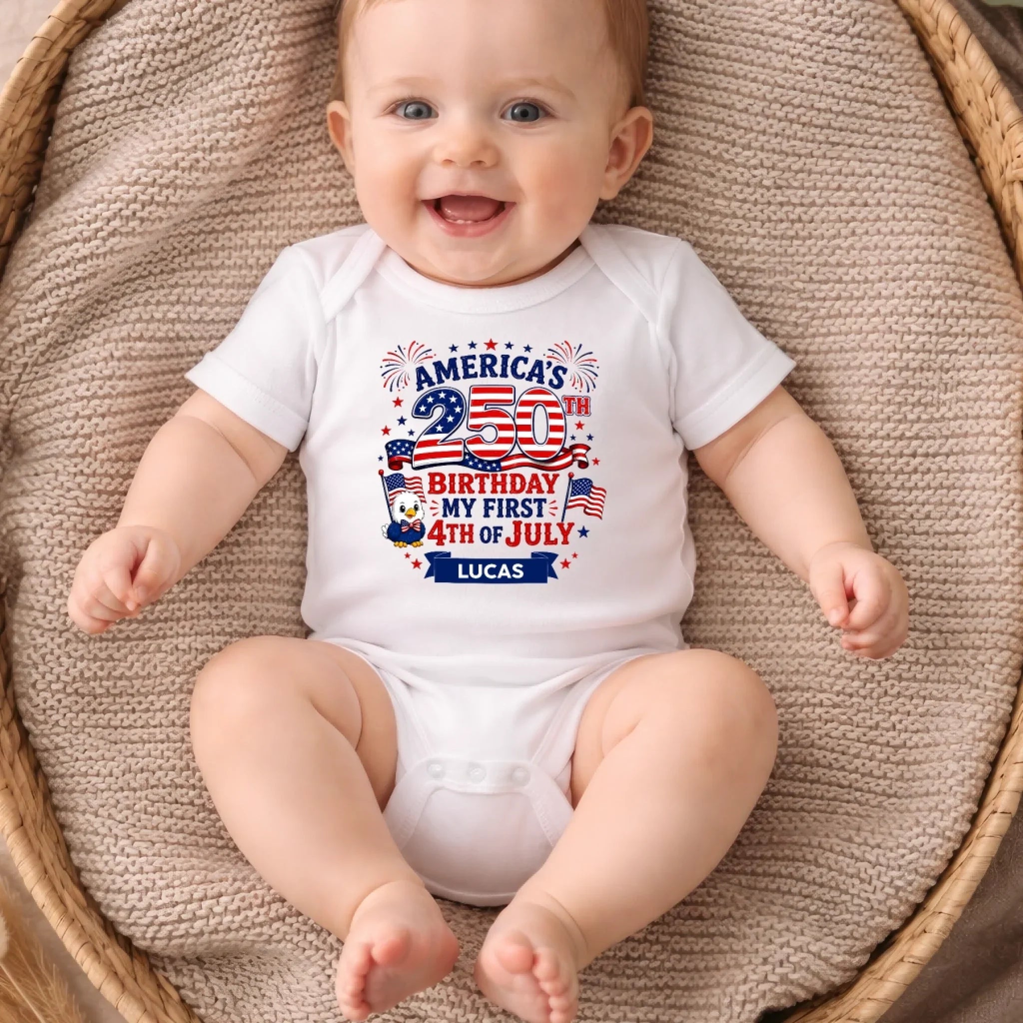 Custom Baby Onesie - Personalized Baby Shower, Gender Reveal, America 250th Anniversary Gifts For New Moms, New Dads, New Parents - Little Patriot Shines Bright