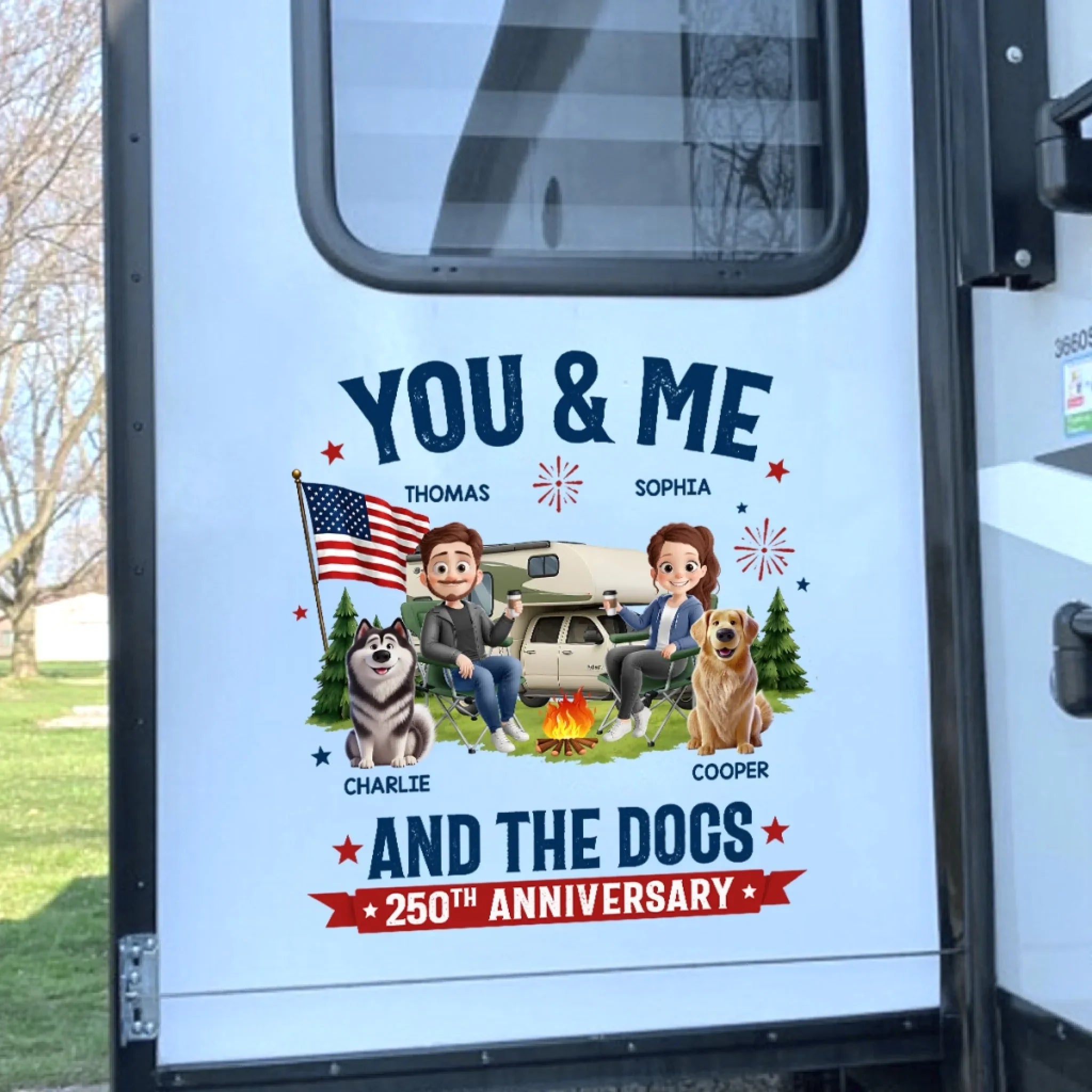 Custom RV Decal - Personalized America 250th Anniversary, Camping Gifts for Campers, Husband And Wife, Dog Lovers - Furry Camping Crew