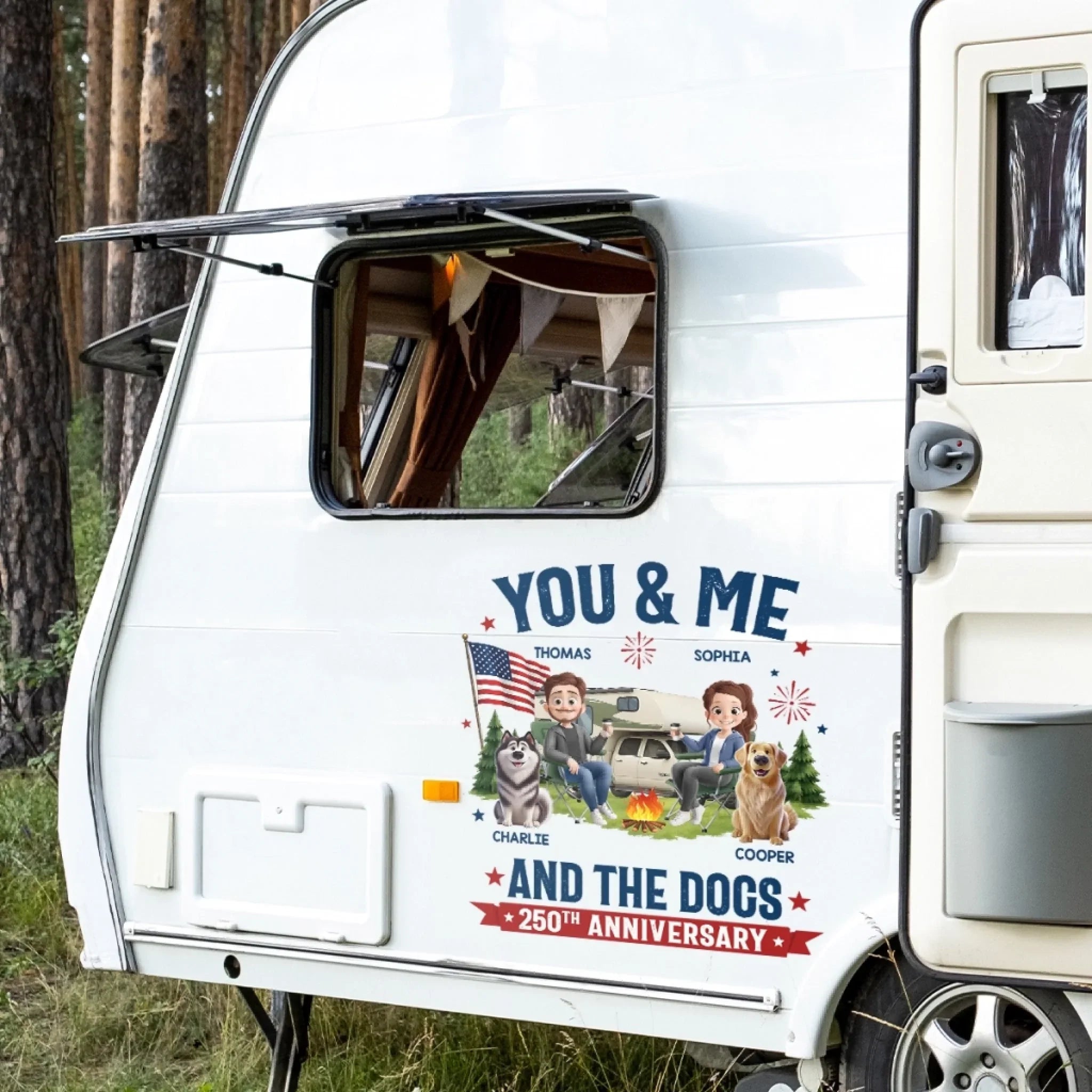 Custom RV Decal - Personalized America 250th Anniversary, Camping Gifts for Campers, Husband And Wife, Dog Lovers - Furry Camping Crew