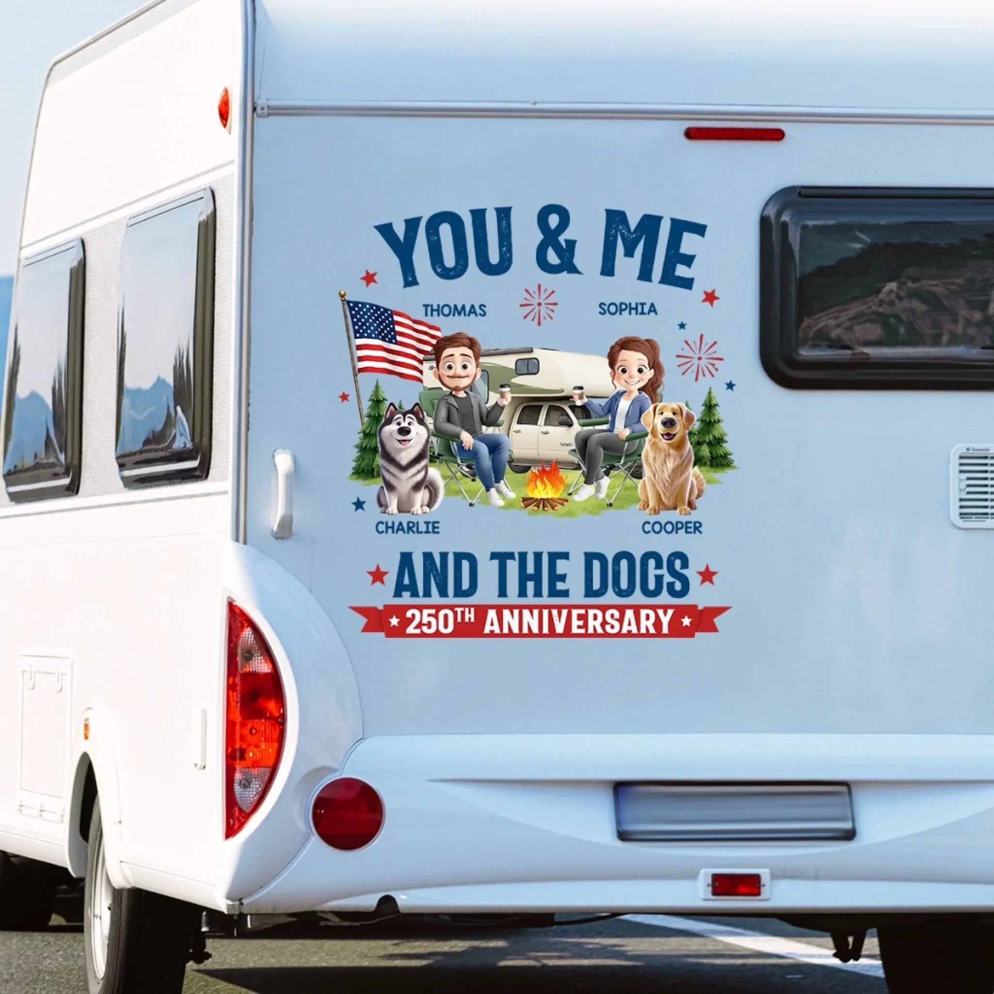 Custom RV Decal - Personalized America 250th Anniversary, Camping Gifts for Campers, Husband And Wife, Dog Lovers - Furry Camping Crew