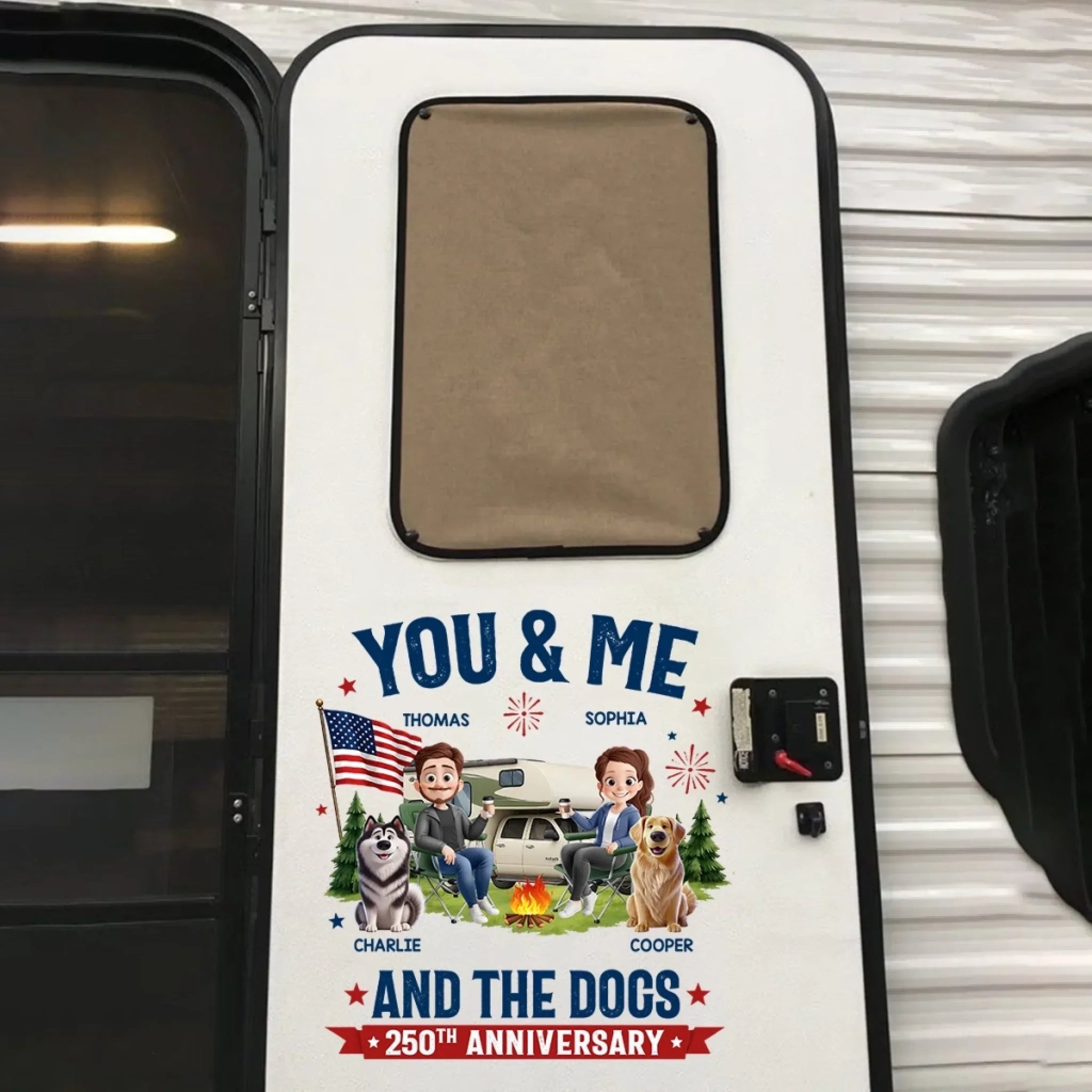 Custom RV Decal - Personalized America 250th Anniversary, Camping Gifts for Campers, Husband And Wife, Dog Lovers - Furry Camping Crew