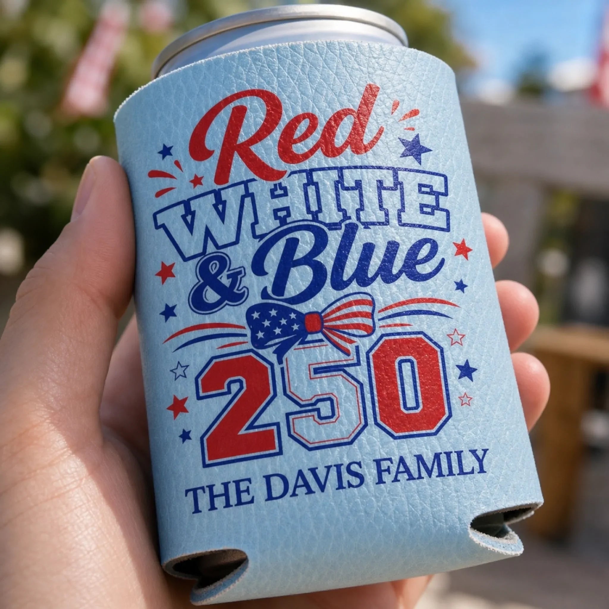 Custom Leather Can Cooler - Personalized America 250th Anniversary Gifts For Mom, Dad, Brother, Sister, Kids - Freedom Lives Here
