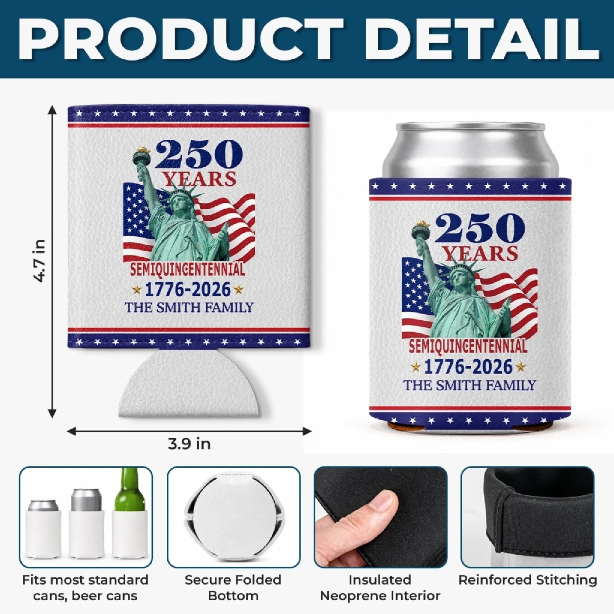 Custom Leather Can Cooler - Personalized America 250th Anniversary Gifts For Mom, Dad, Brother, Sister, Kids - Stars Stripes And Pride