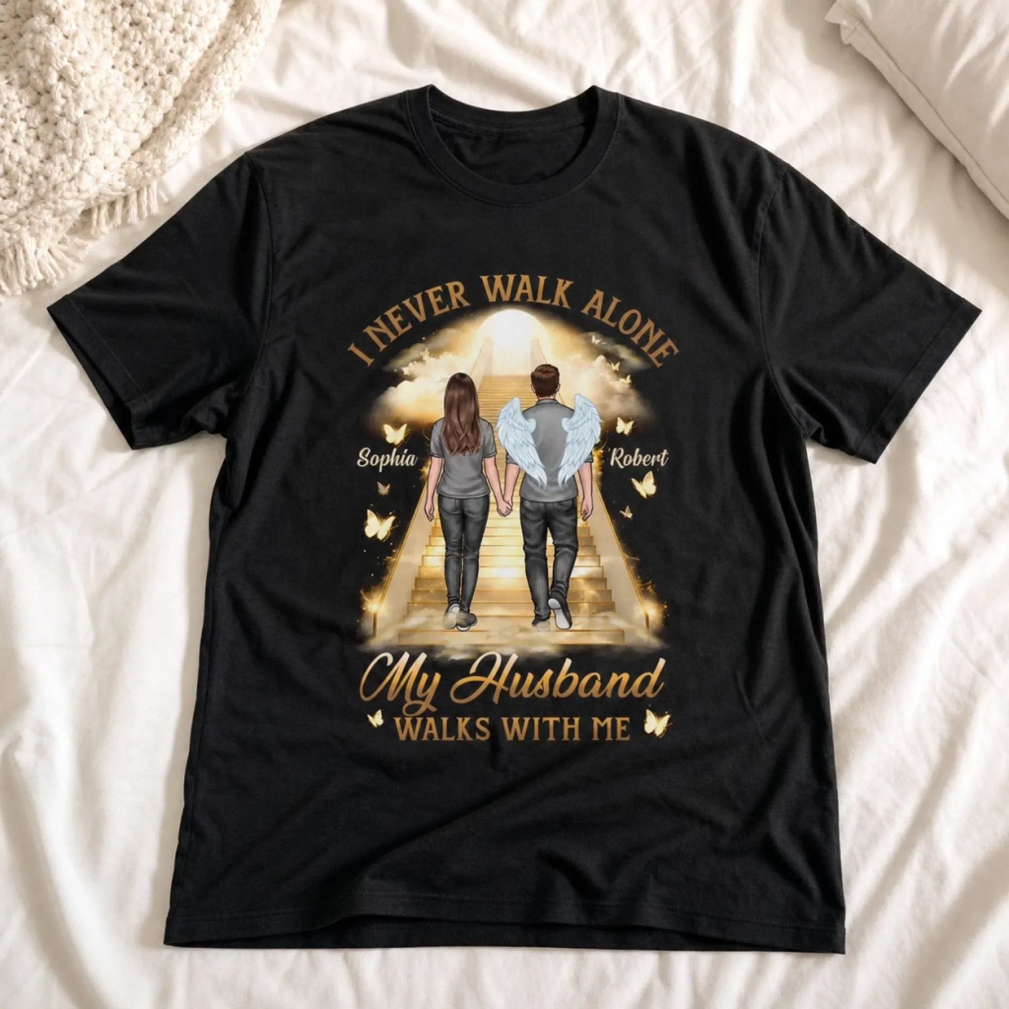 Custom Unisex T-shirt, Premium T-shirt, Hoodie - Personalized Memorial Sympathy Gifts For Loss Of Husband, Wife - His Wings Guide My Steps