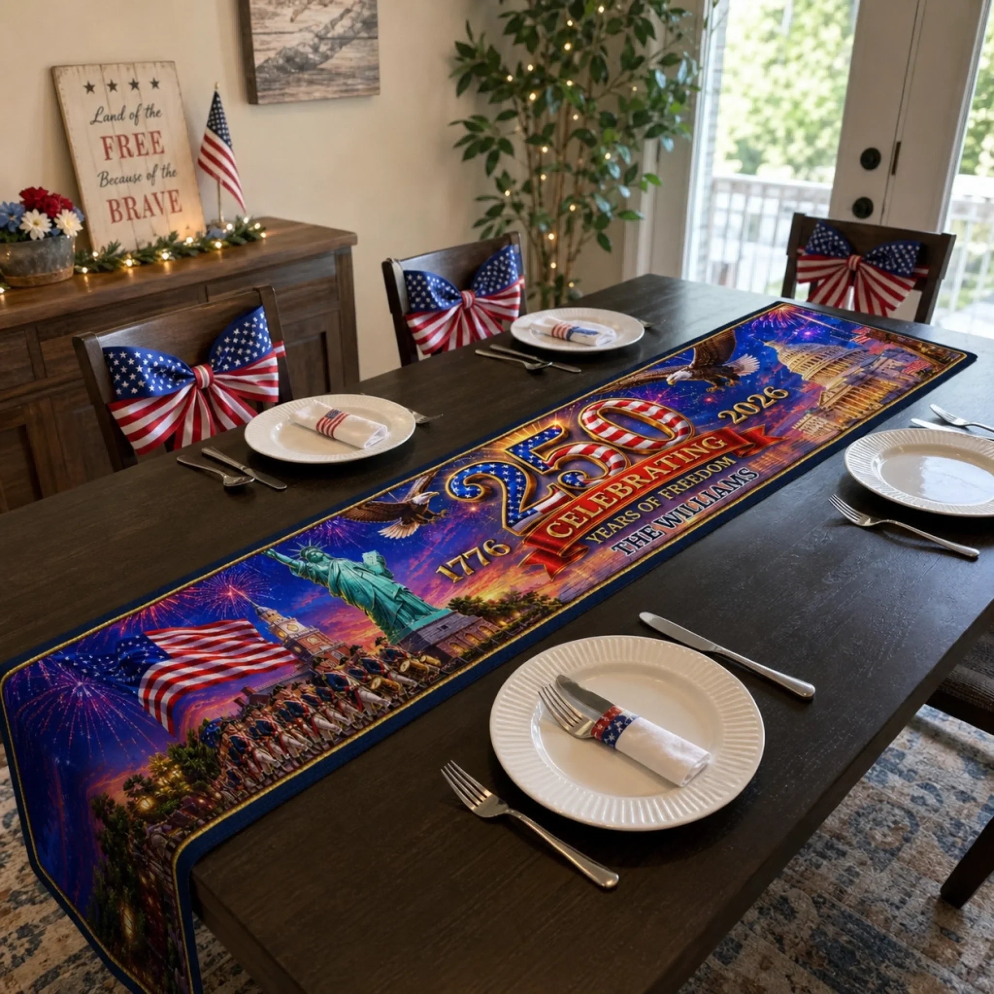 Custom Table Runner - Personalized America 250th Anniversary Gifts For Mom, Dad, Brother, Sister, Kids - Hearts Full Of Pride