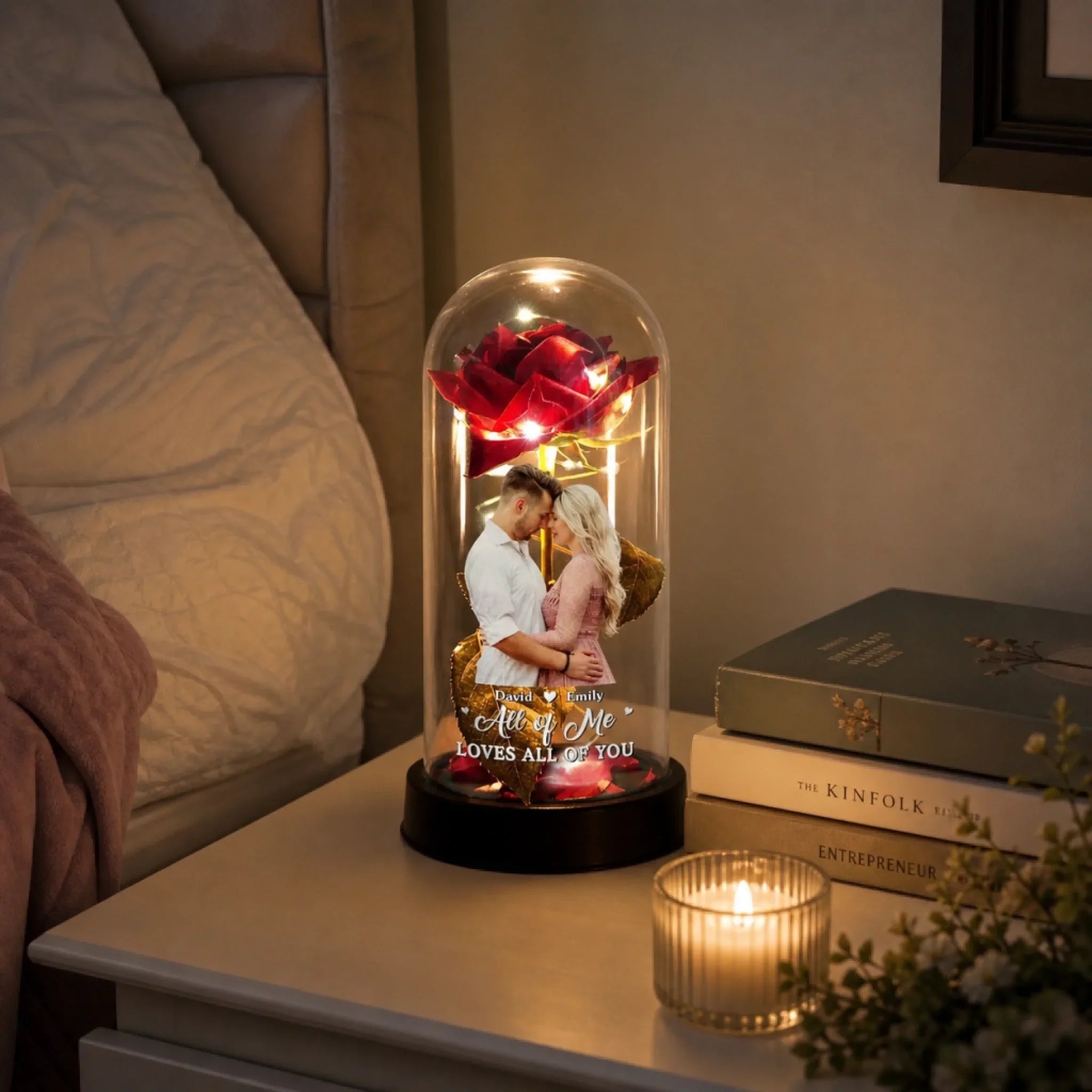 Custom Photo Light Up Eternal Rose In Glass Dome - Personalized Anniversary Wedding Gifts For Husband And Wife, Him And Her - You Light Up My World