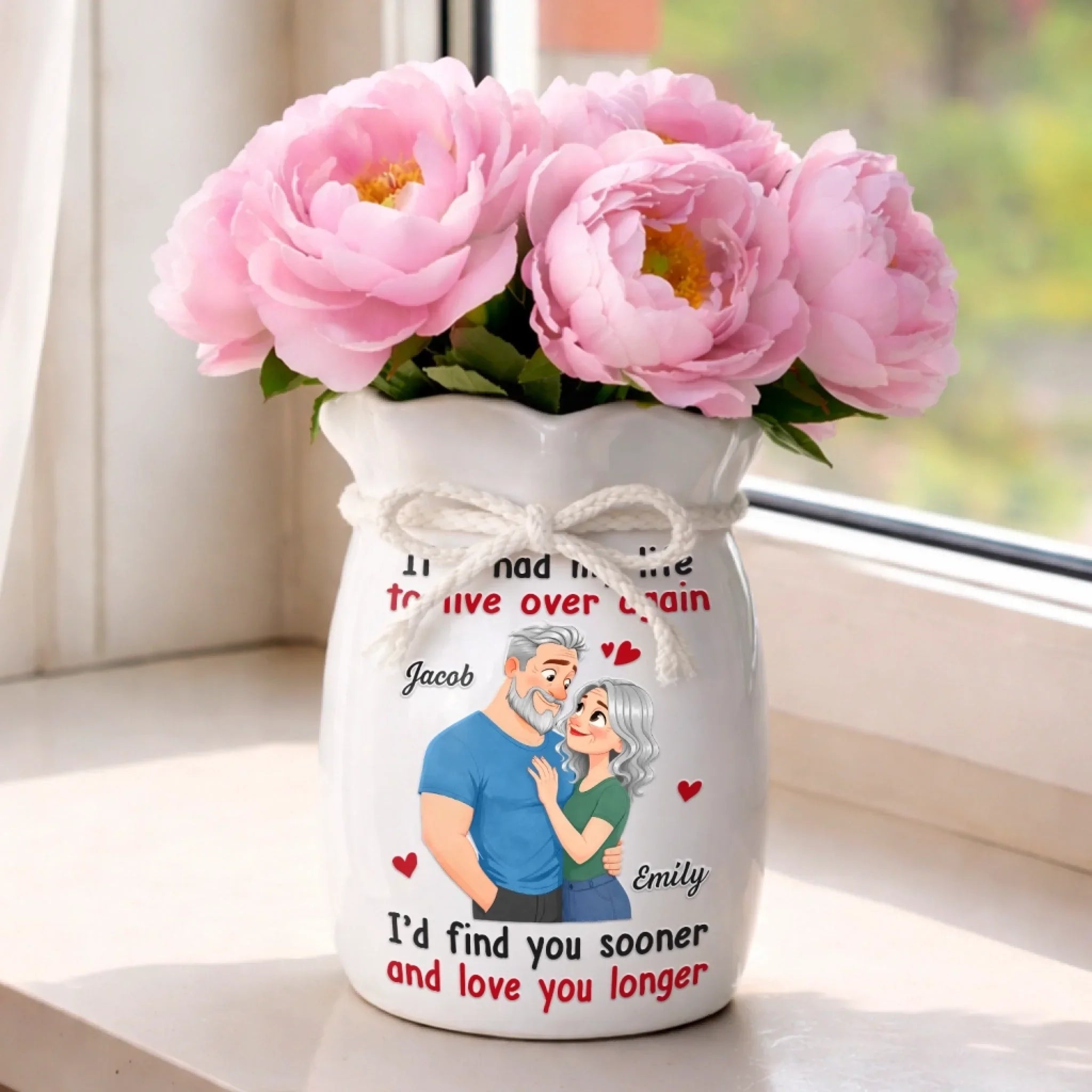 Custom Flower Vase With Ribbon - Personalized Anniversary Wedding Gifts For Husband And Wife, Him And Her - Loving You All Over Again