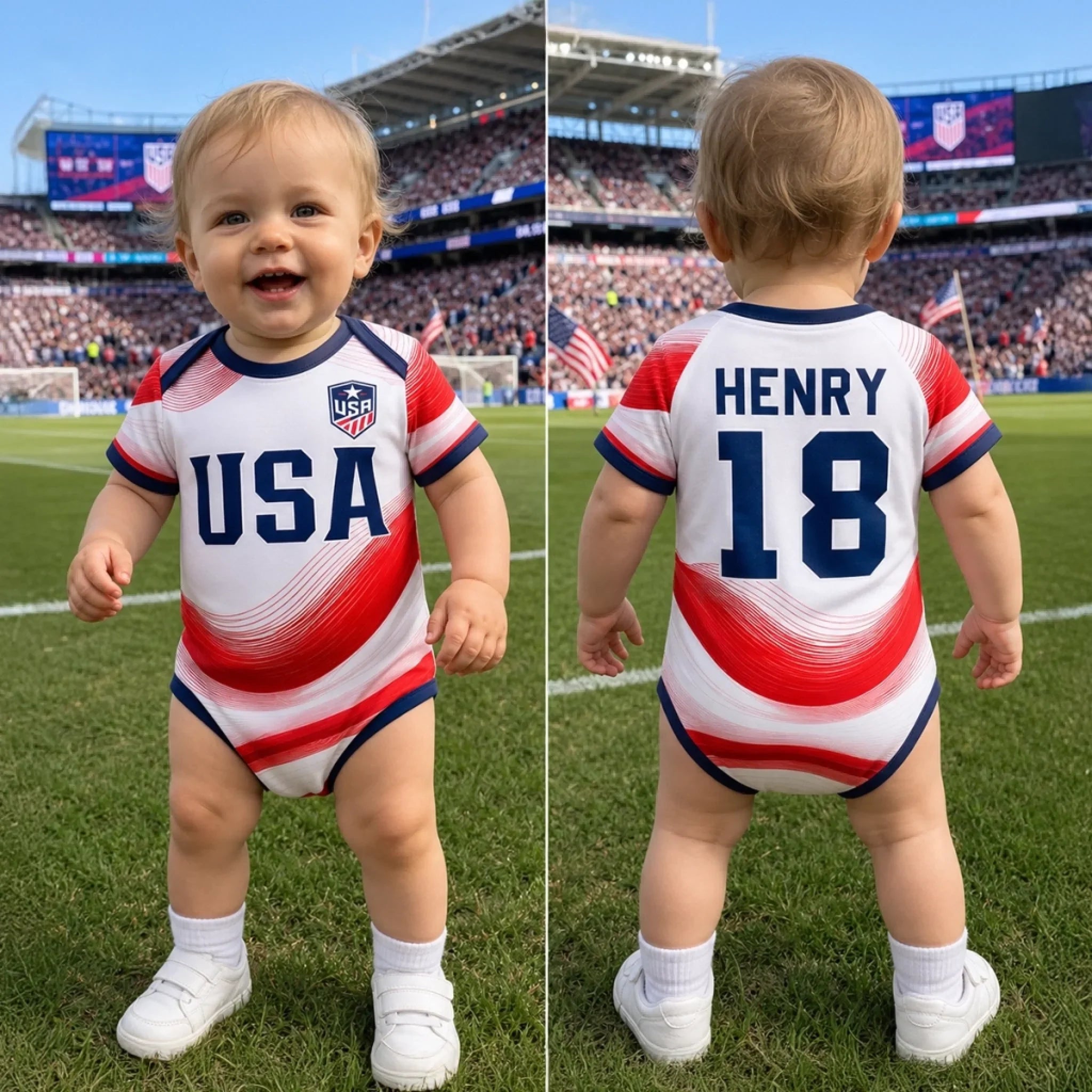 Custom USA 2026 Baby Jersey Bodysuit
- Personalized Baby Shower, Gender Reveal Gifts For New Moms, New Dads, Soccer Lovers - Future Soccer Star In Training