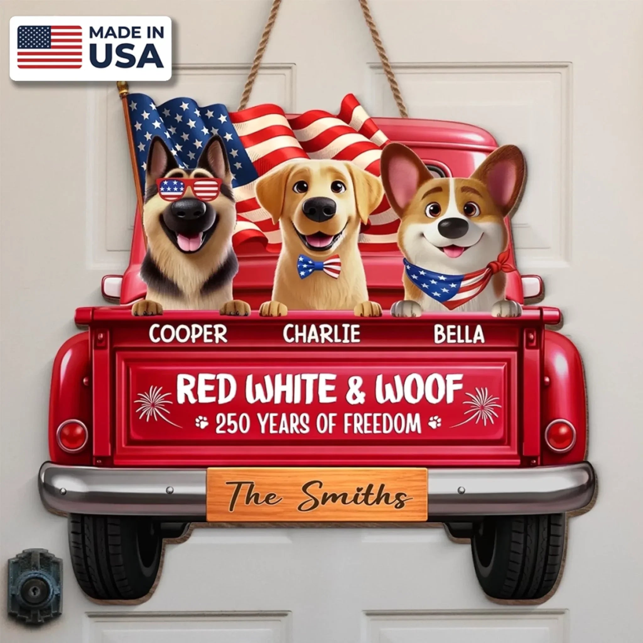Custom America 250th Anniversary Wood Sign - Personalized Birthday Gifts For Dog Lovers, Dog Dad And Mom - Freedom Starts Here