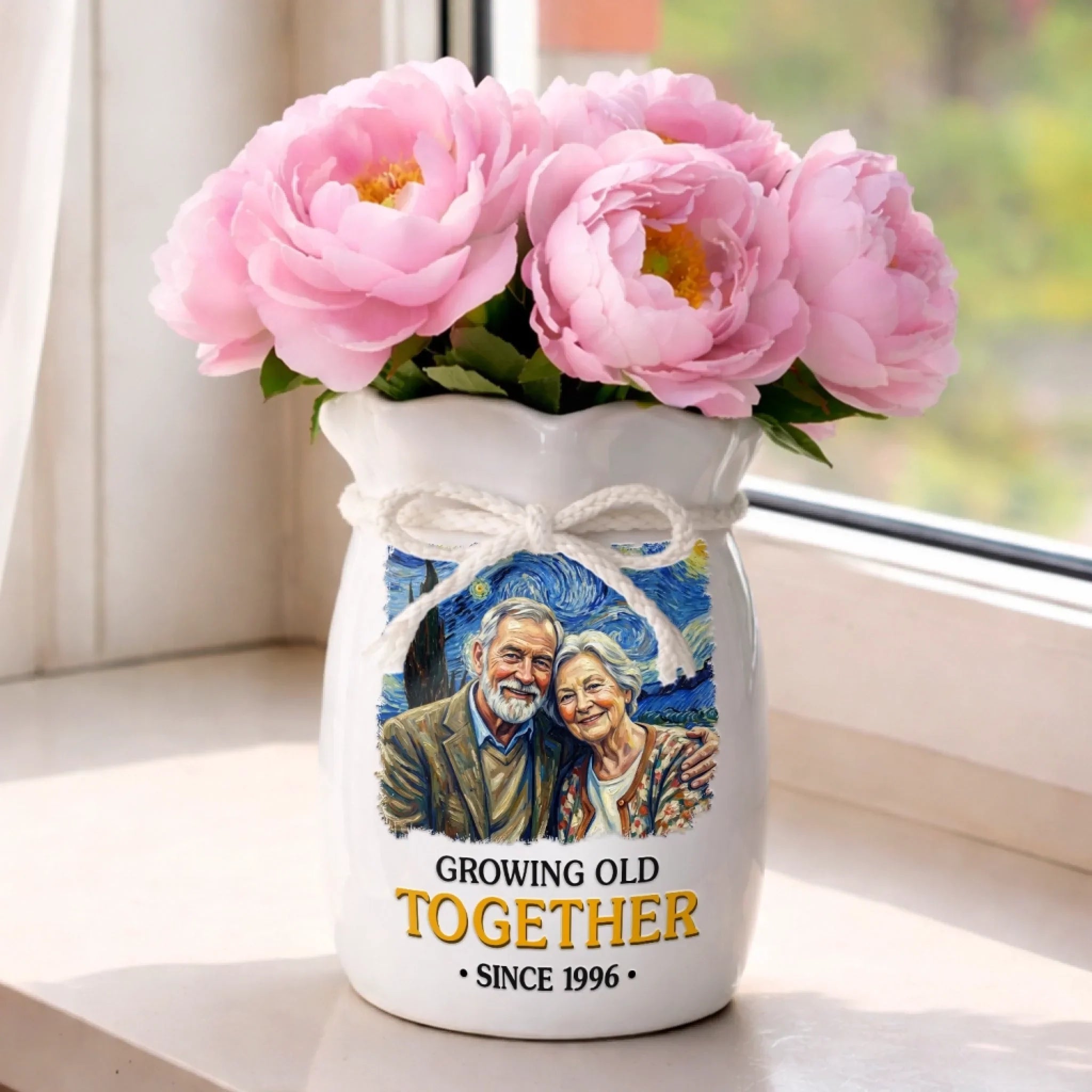 Custom Photo Flower Vase With Ribbon - Personalized Anniversary Wedding Gifts For Husband And Wife, Him And Her - Partners In Love And Wrinkles