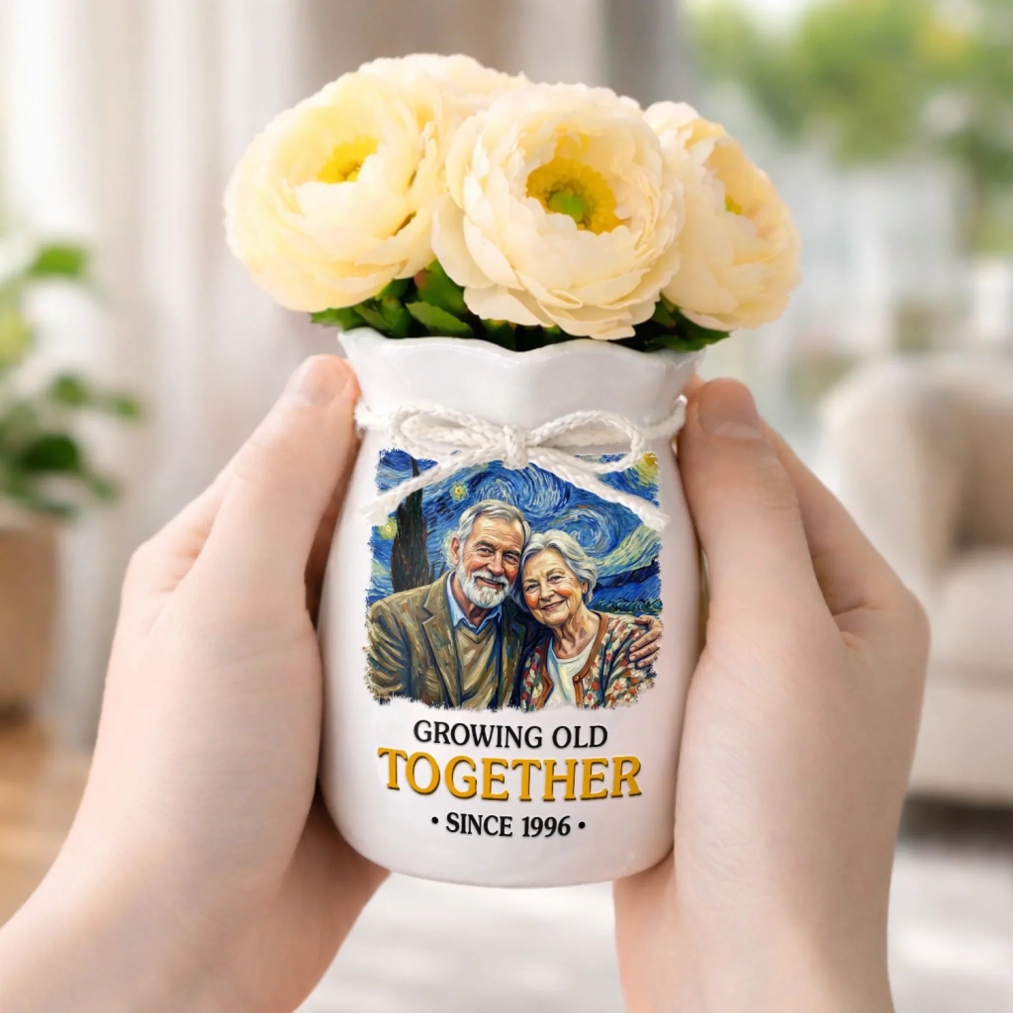 Custom Photo Flower Vase With Ribbon - Personalized Anniversary Wedding Gifts For Husband And Wife, Him And Her - Partners In Love And Wrinkles