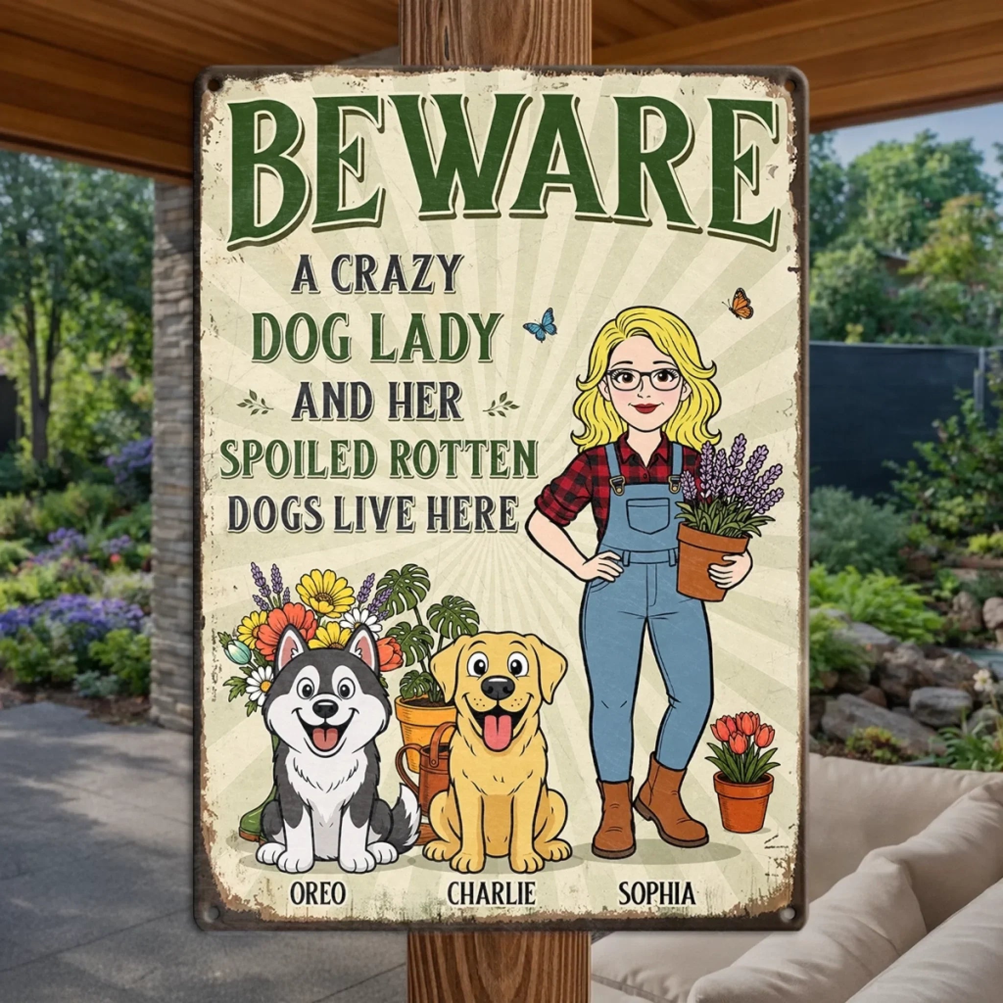 Custom Home Decor Metal Sign - Personalized Birthday Garden Gifts For Gardeners, Dog Lovers, Dog Dad And Mom - The Crazy Dog Lady Lives Here