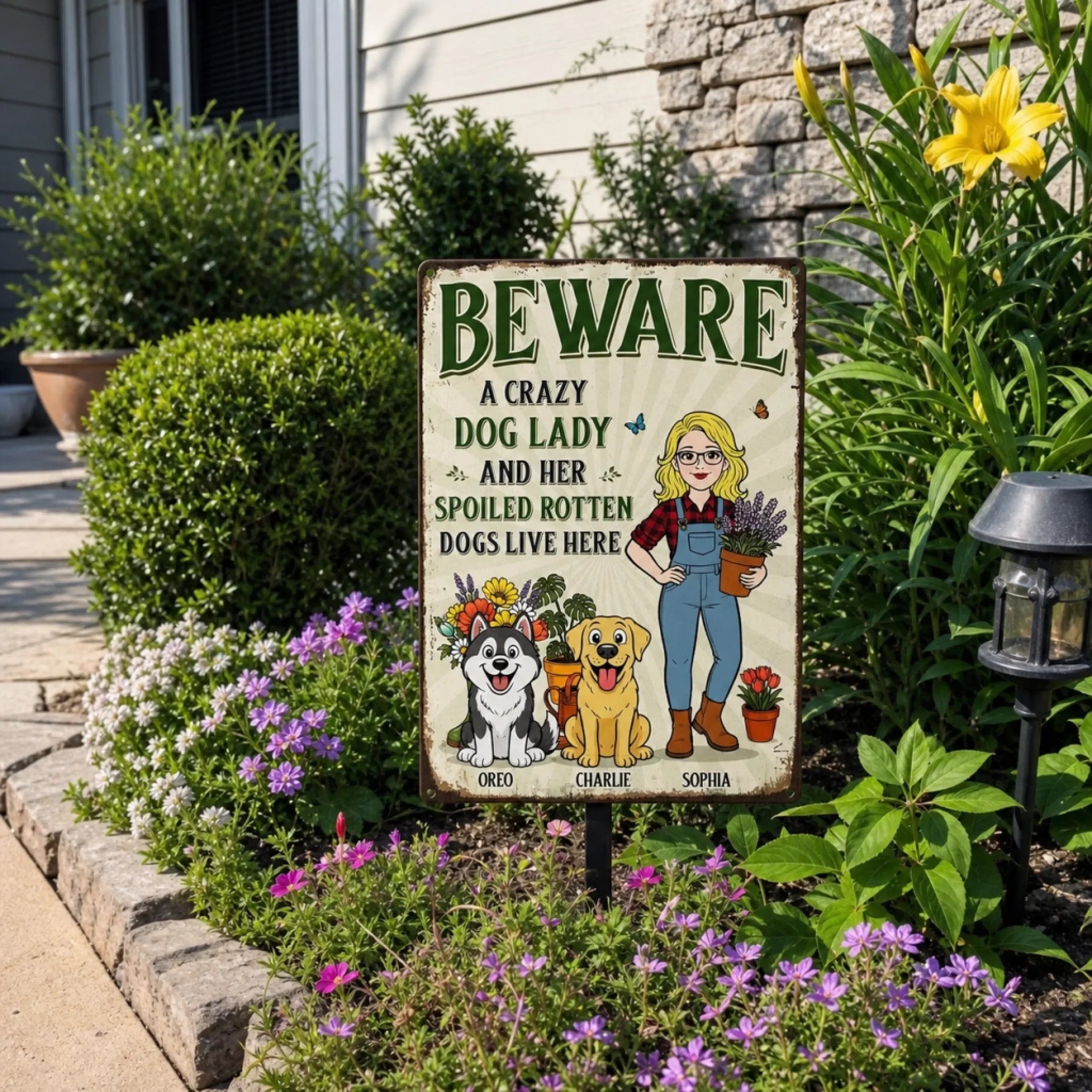 Custom Home Decor Metal Sign - Personalized Birthday Garden Gifts For Gardeners, Dog Lovers, Dog Dad And Mom - The Crazy Dog Lady Lives Here