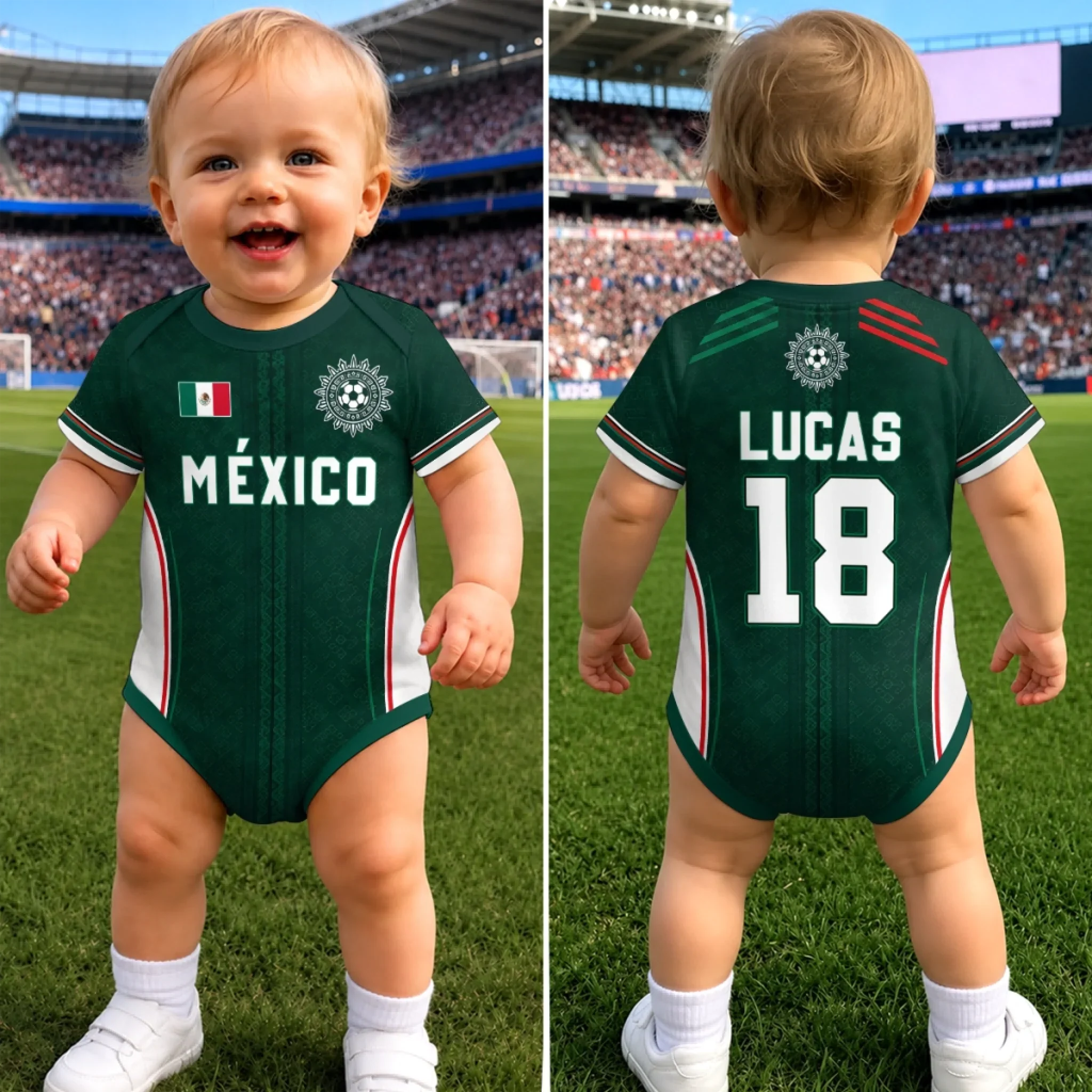 Custom Mexico World Football Baby Jersey Bodysuit
- Personalized Baby Shower, Gender Reveal Gifts For New Moms, New Dads, Football Lovers - Team’s Little All Star