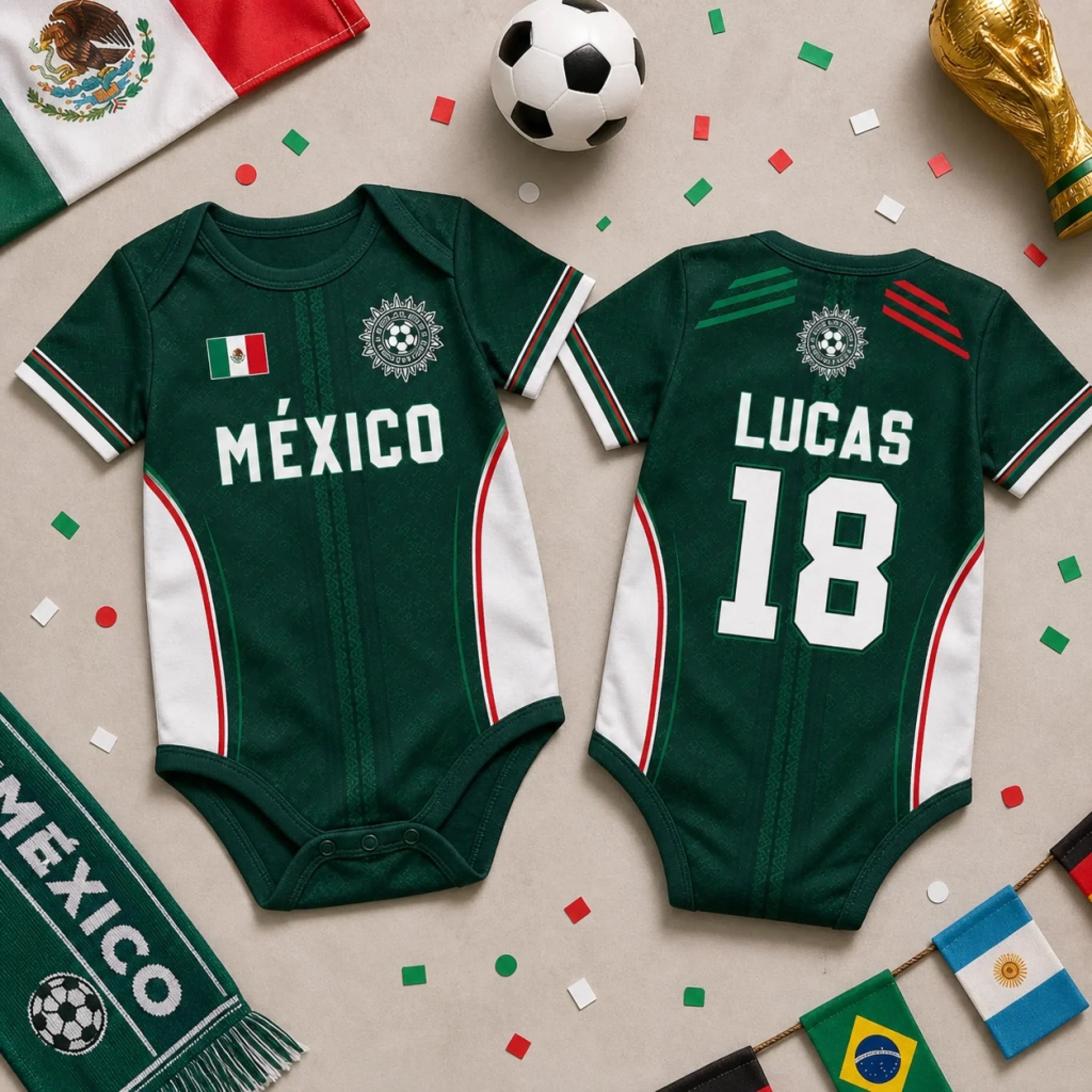 Custom Mexico World Football Baby Jersey Bodysuit
- Personalized Baby Shower, Gender Reveal Gifts For New Moms, New Dads, Football Lovers - Team’s Little All Star
