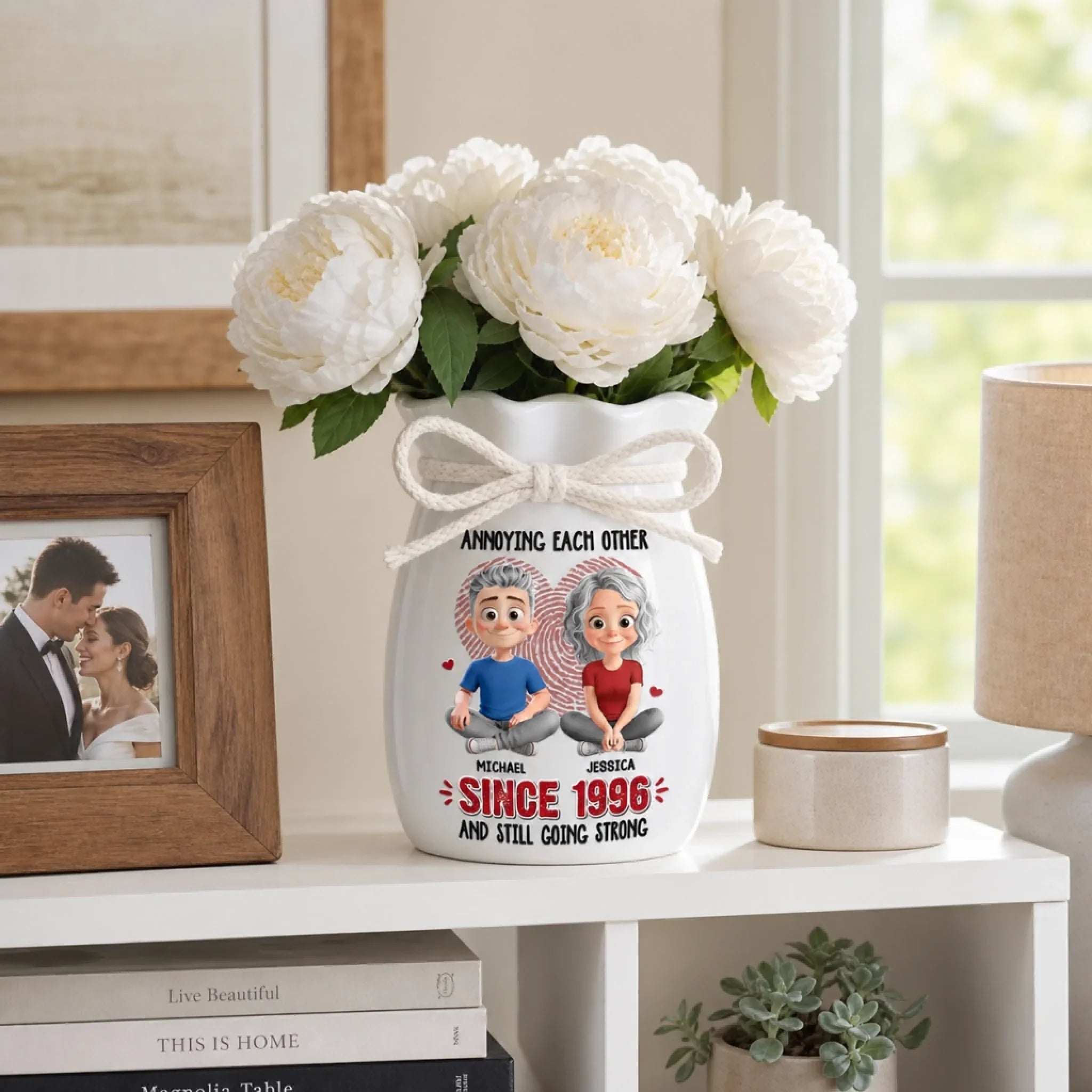 Custom Flower Vase With Ribbon - Personalized Anniversary Wedding Gifts For Husband And Wife, Him And Her - Forever Starts With You