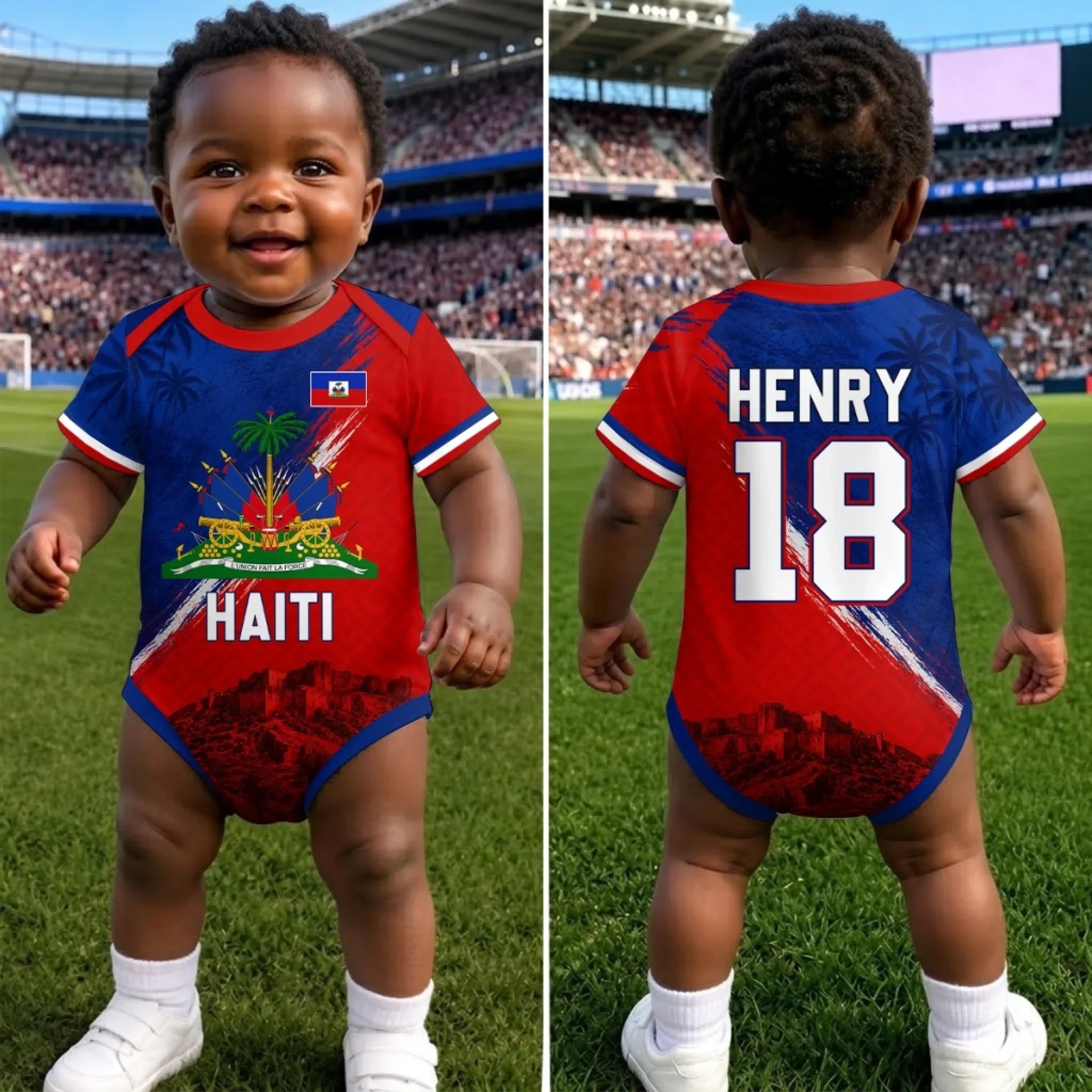Custom Haiti World Football Baby Jersey Bodysuit
- Personalized Baby Shower, Gender Reveal Gifts For New Moms, New Dads, Football Lovers - Haiti’s Littlest Football Star Is Here