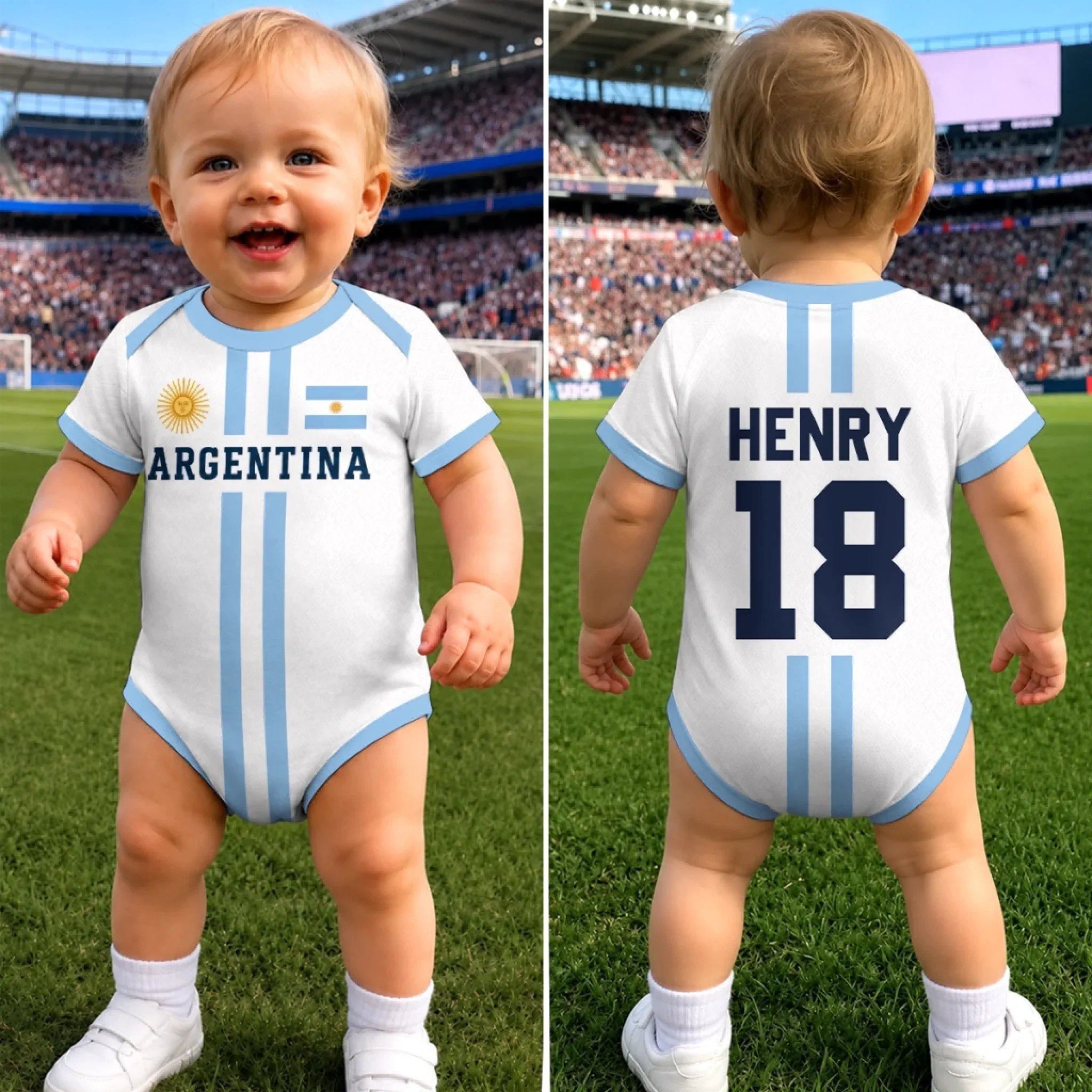 Custom Argentina World Football Baby Jersey Bodysuit - Personalized Baby Shower, Gender Reveal Gifts For New Moms, New Dads, Football Lovers - Little Football Hero