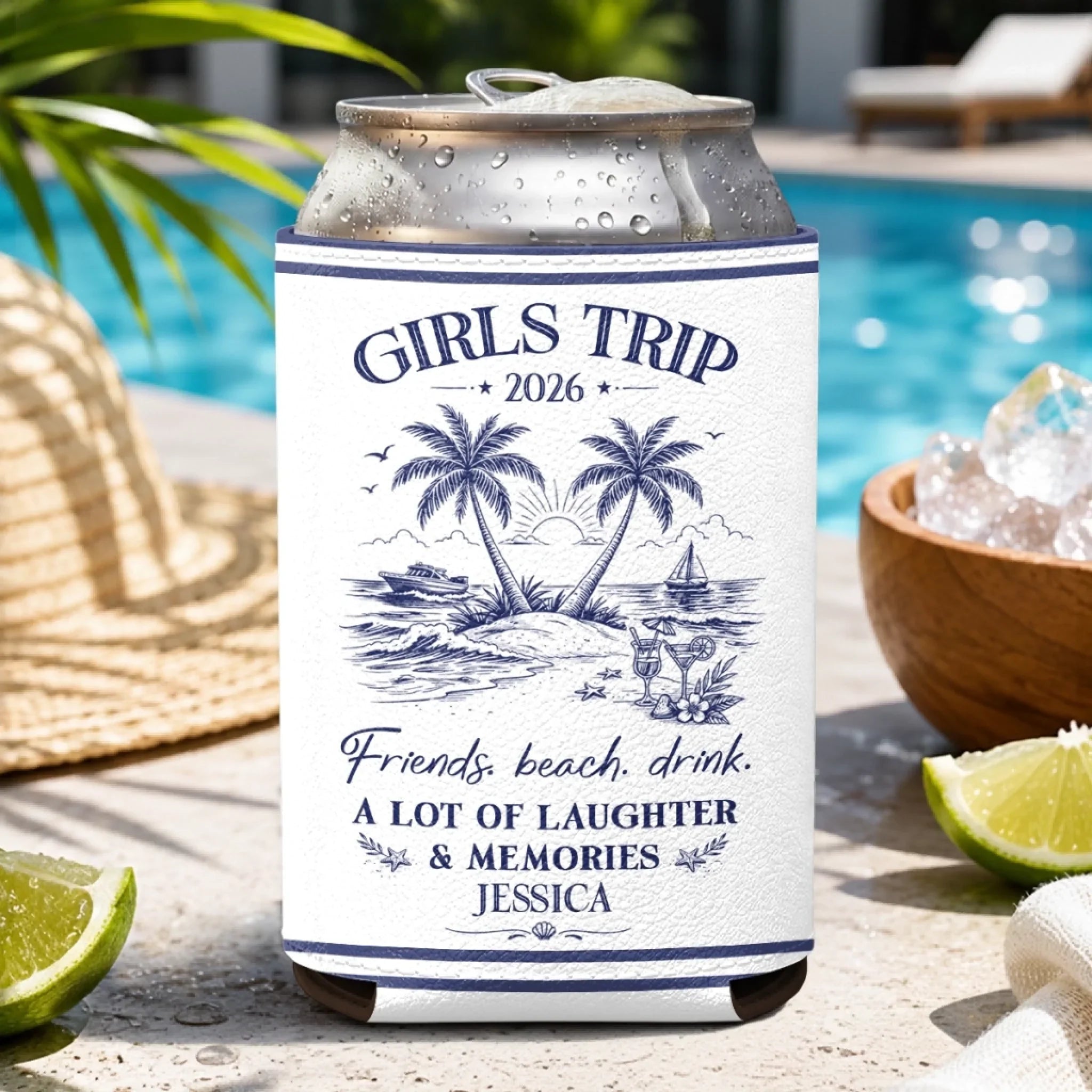 Custom Leather Can Cooler - Personalized Summer Vacation And Travel Gifts For Best Friends, Family - Making Memories Under The Palm Trees