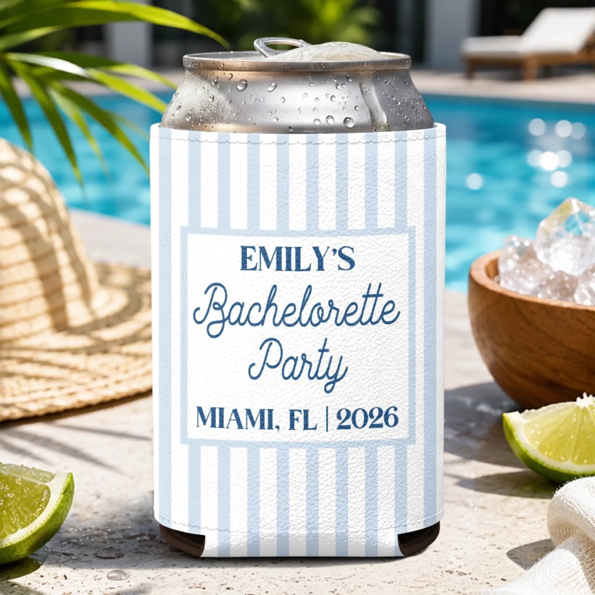 Custom Leather Can Cooler - Personalized Summer Vacation And Travel Gifts For Women, Besties, Sisters, BFF - Poolside Chilling, Miami Edition