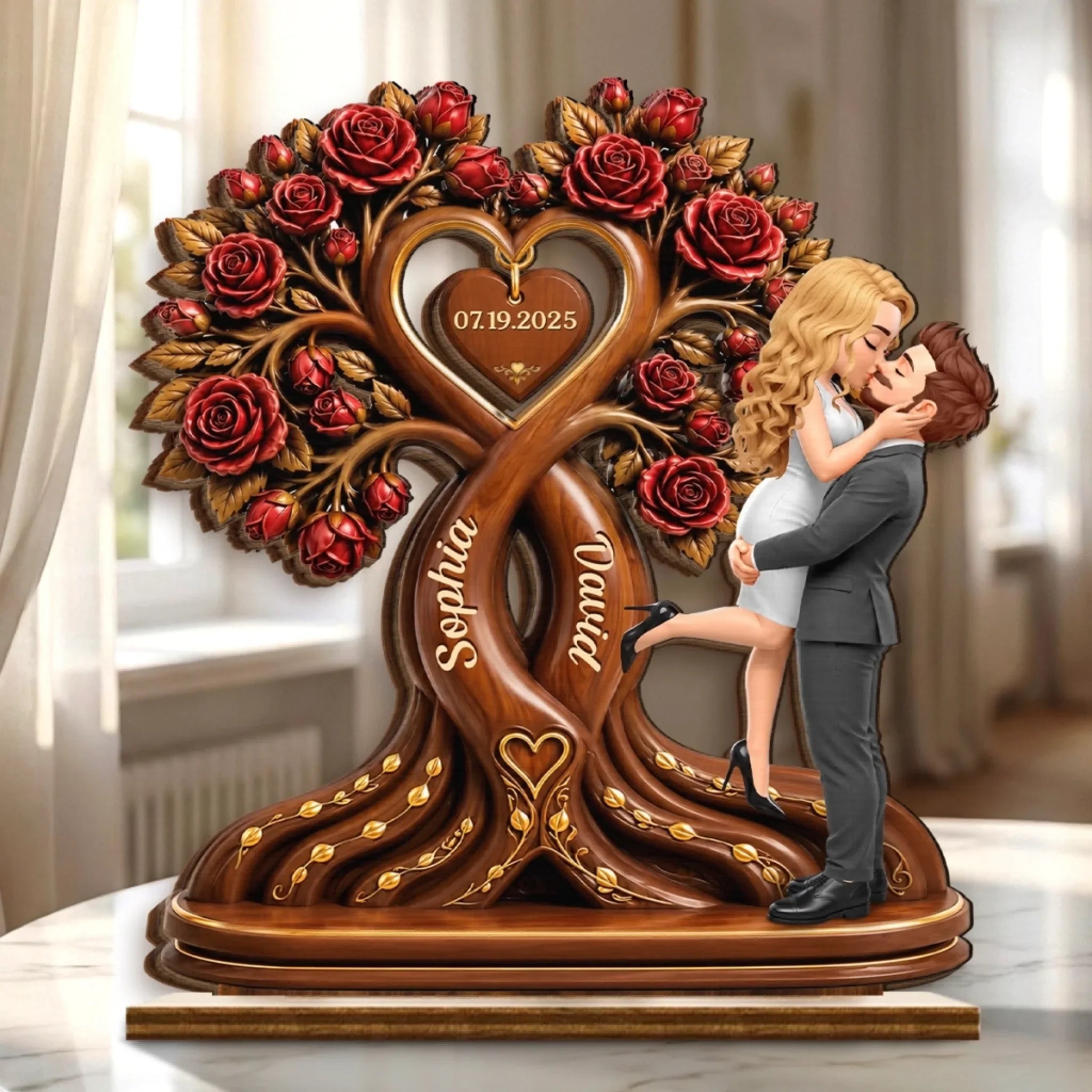 Custom 2-Layered Wooden Plaque - Personalized Anniversary Wedding Gifts For Husband And Wife, Him And Her - Love Blooms Under The Rose Tree