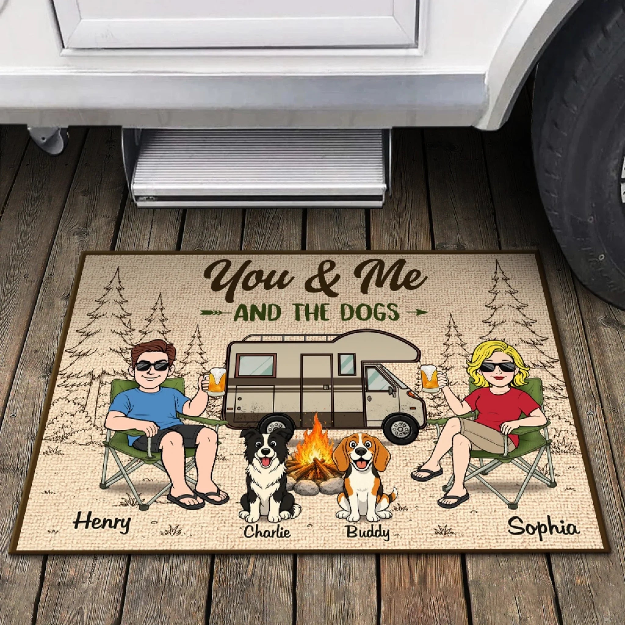 Custom Home Decor Decorative Mat - Personalized Anniversary Wedding Camping Gifts For Campers, Husband And Wife, Him And Her, Dog Lovers - Chillin By The Fire