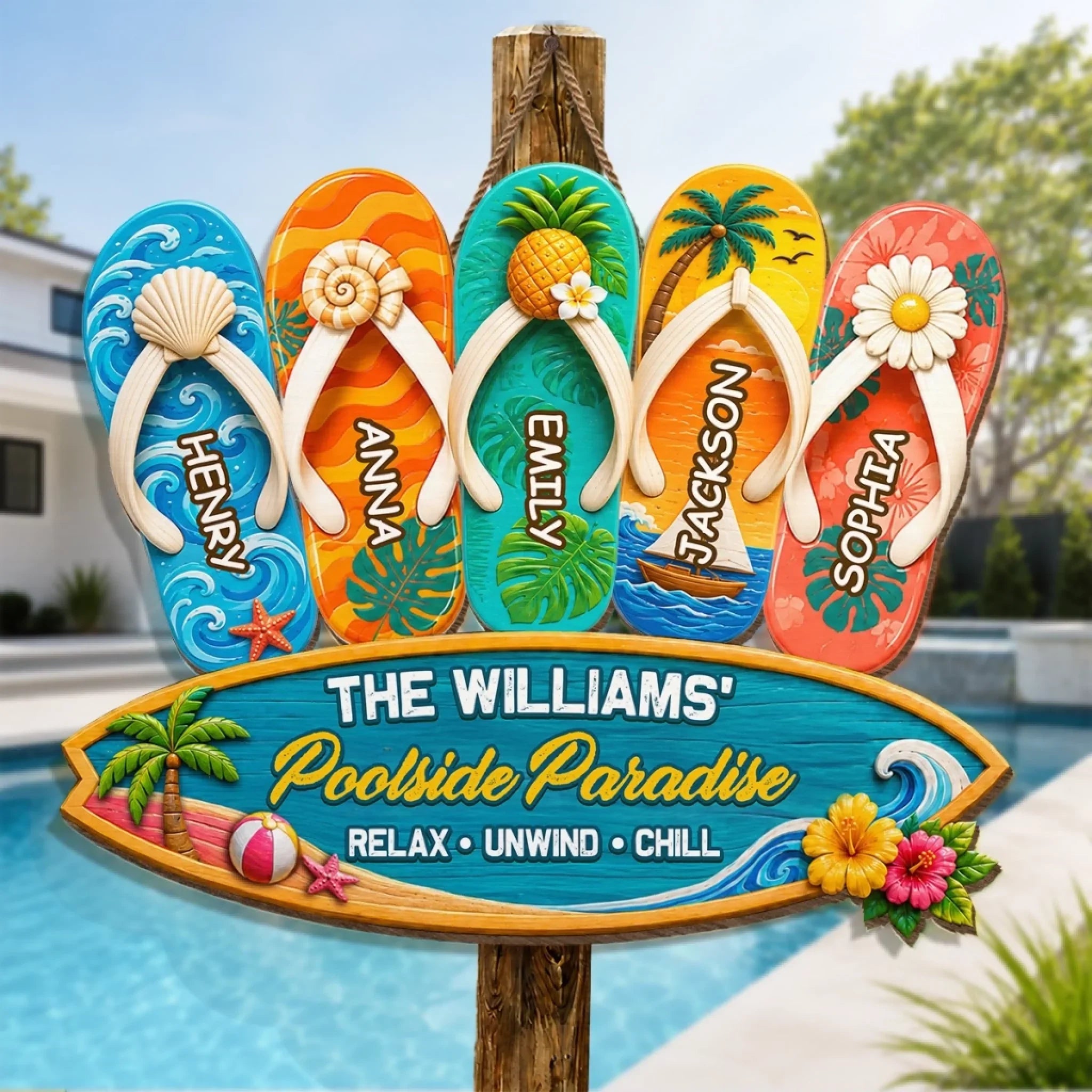 Custom Poolside Wood Sign - Personalized Summer Vacation And Travel Gifts For Mom, Dad, Brother, Sister, Kids - Family Time