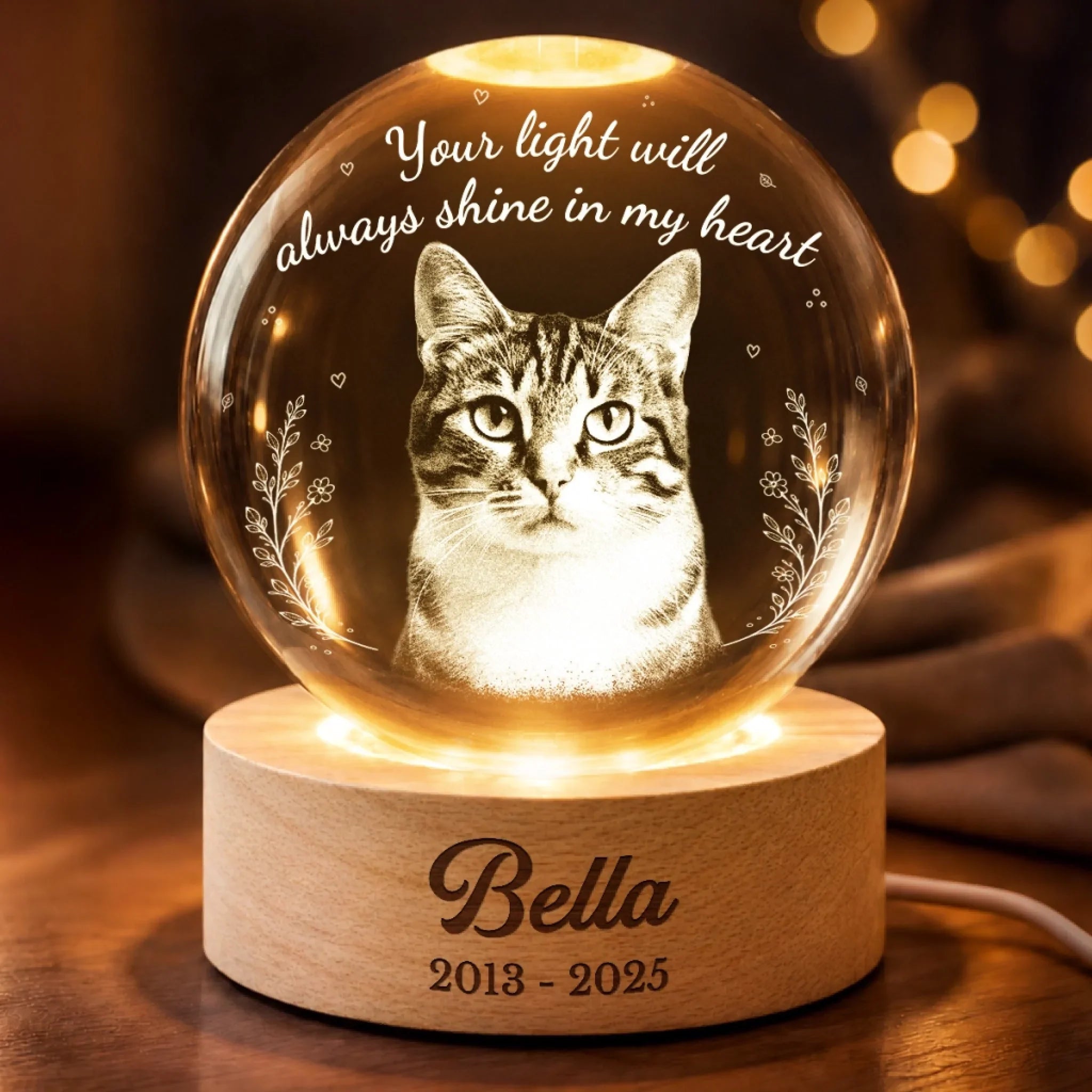 Custom Photo Crystal Globe Lamp - Personalized Pet Memorial Sympathy Gifts For Dogs, Cats - Never Gone From Heart