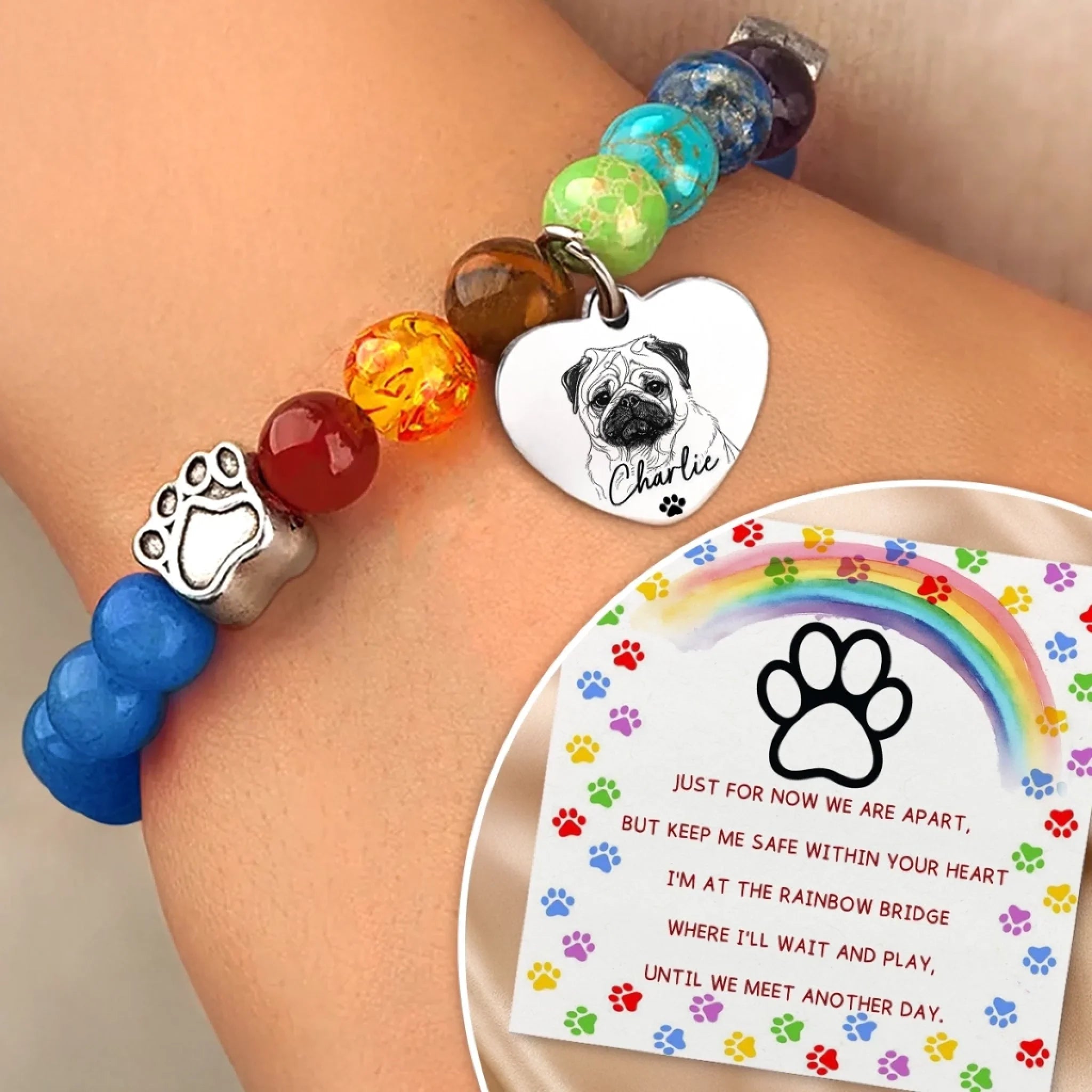 Custom Photo Rainbow Bridge Bracelet - Personalized Pet Memorial Sympathy Gifts For Dogs, Cats - Keep Me Safe Within Your Heart