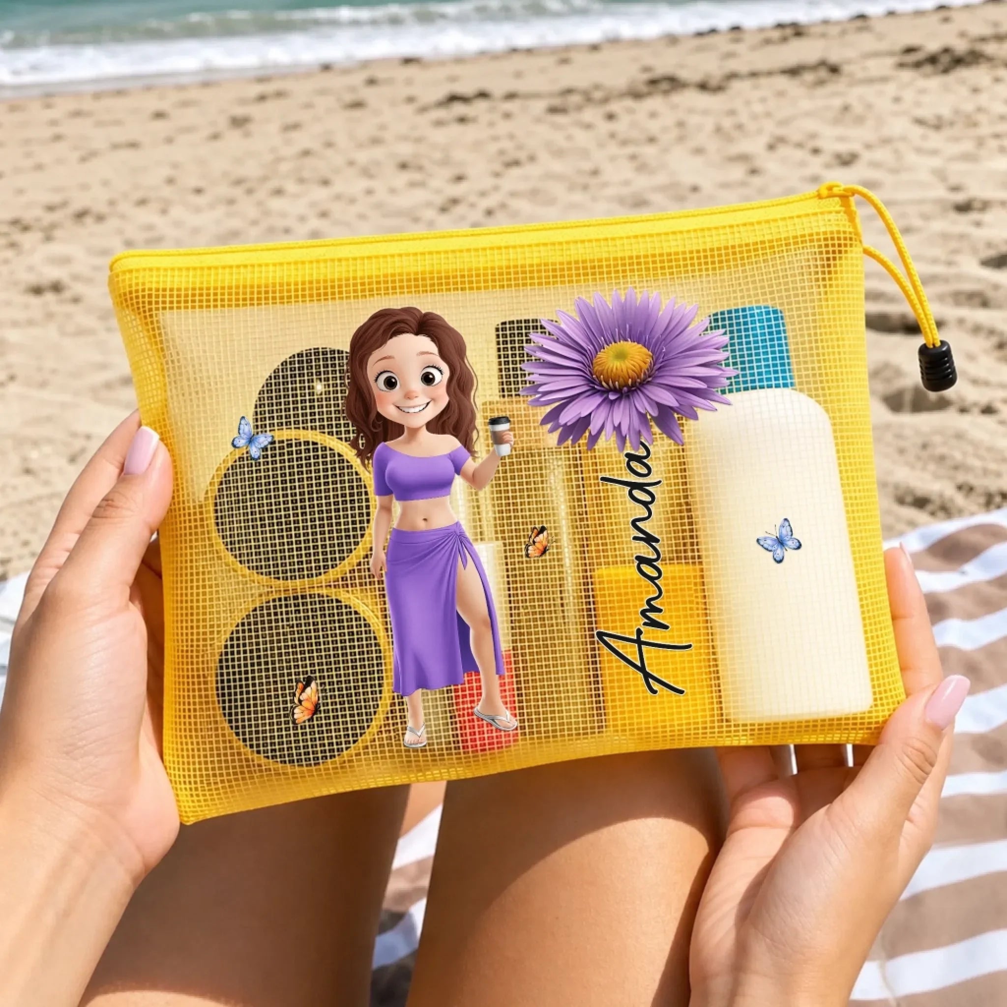 Custom Sandproof Mesh Beach Pouch - Personalized Summer Vacation And Travel Gifts For Women, Besties, Sisters, BFF - Salt Air Happy Soul