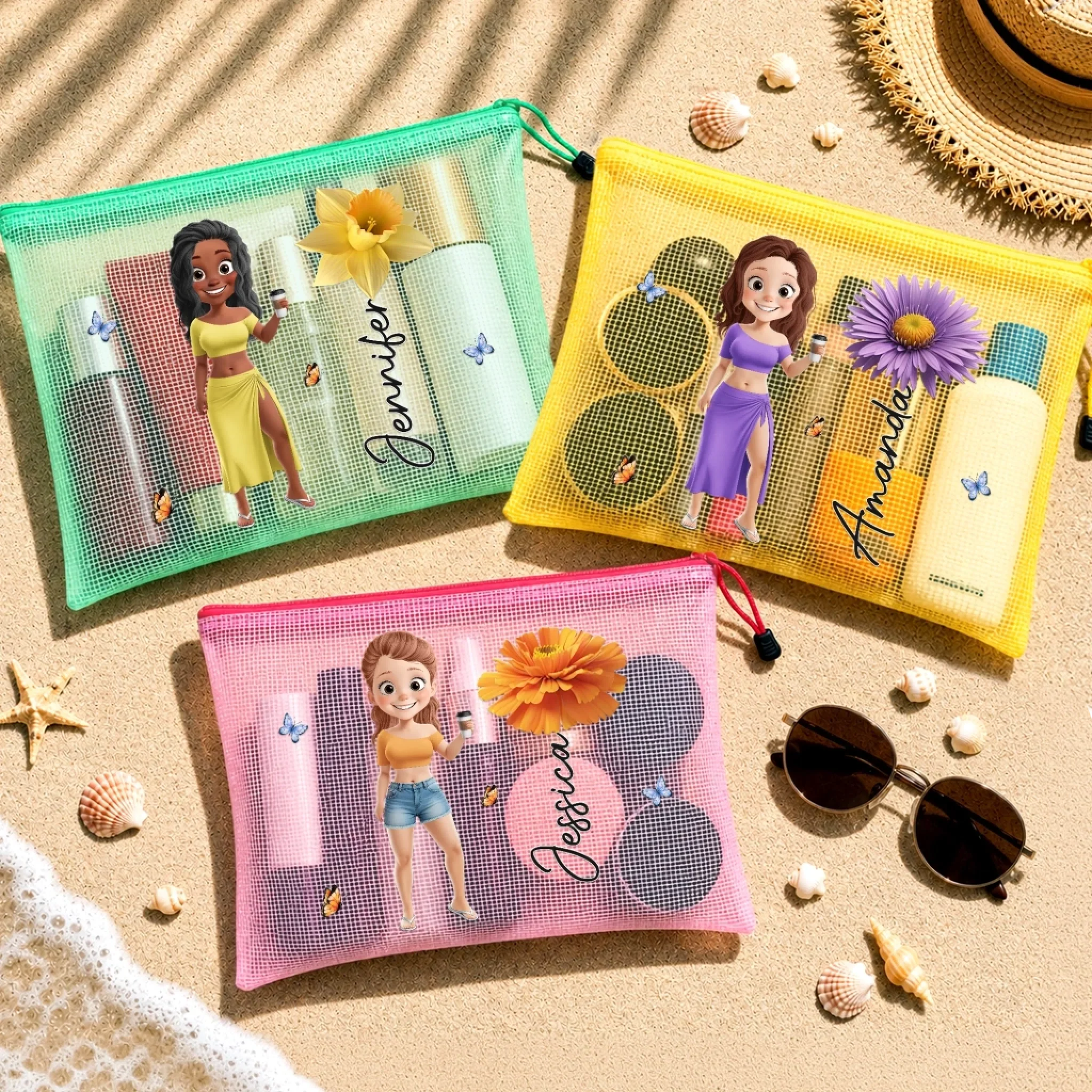 Custom Sandproof Mesh Beach Pouch - Personalized Summer Vacation And Travel Gifts For Women, Besties, Sisters, BFF - Salt Air Happy Soul