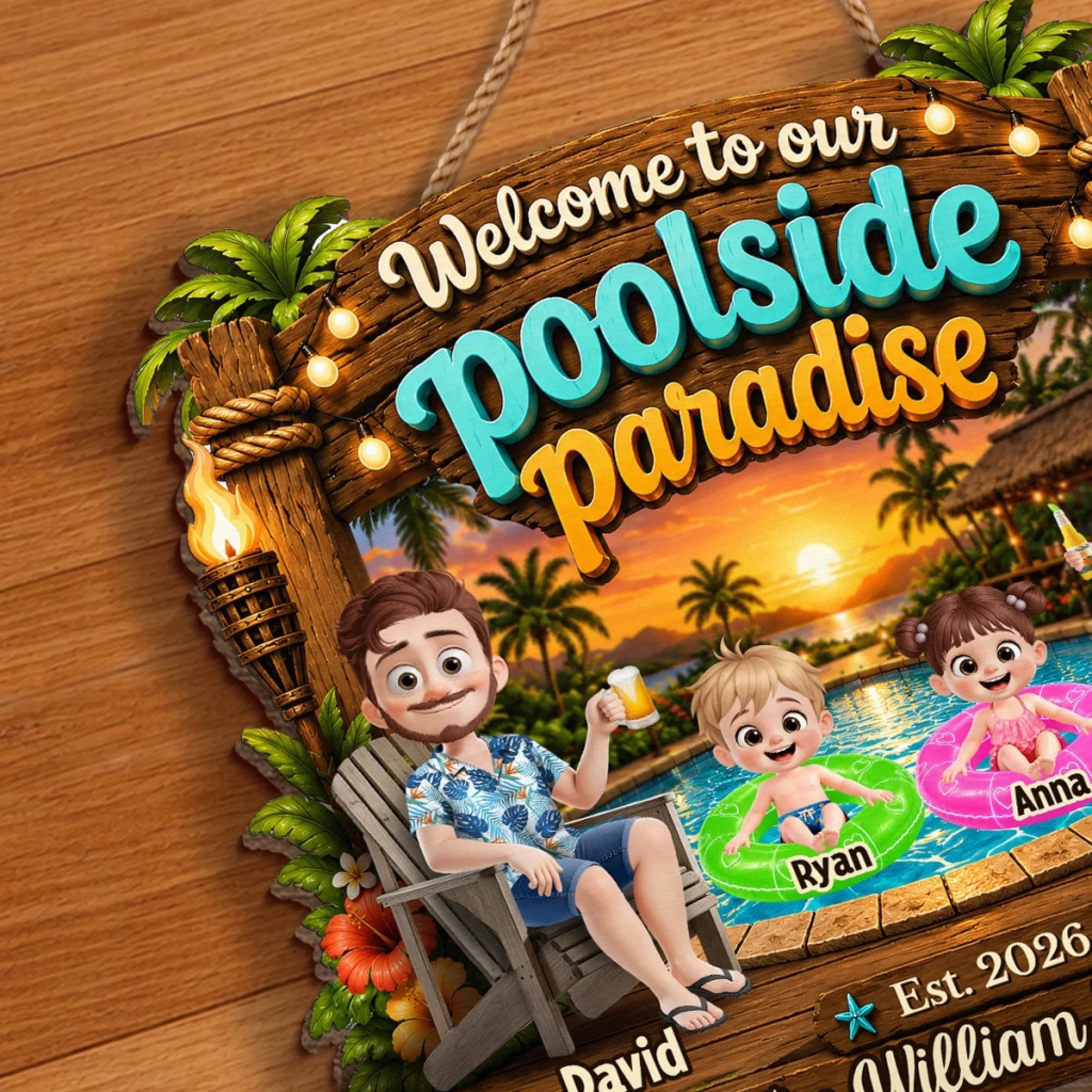 Custom Poolside Wood Sign - Personalized Summer Vacation And Travel Gifts For Mom, Dad, Kids - Making Waves Daily
